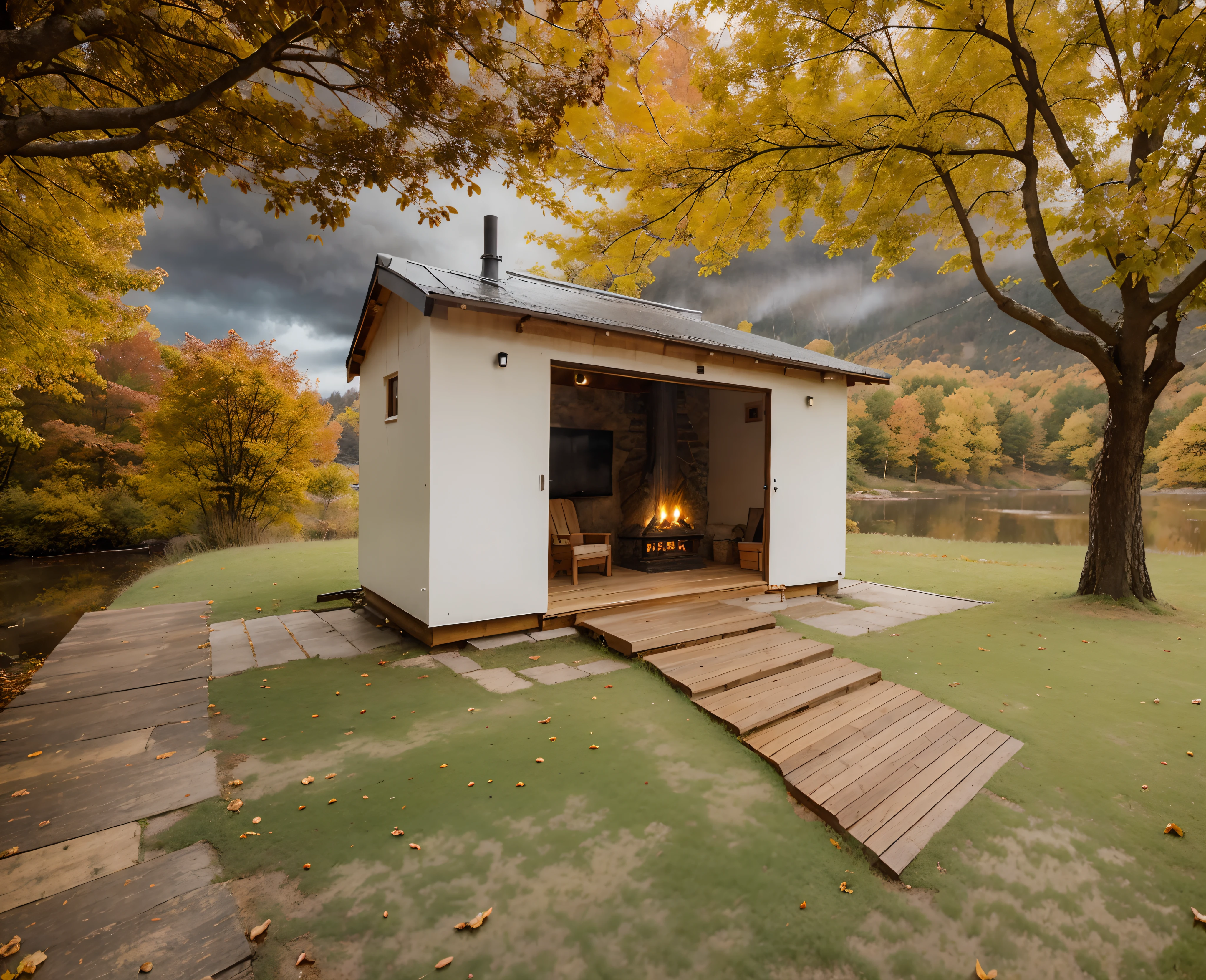 a cozy hut with a fireplace in wooden interior a hut, tin roof in hut, in a autumn ambience, in a cloudy rainy day , theres a lake aside, and autumn trees,