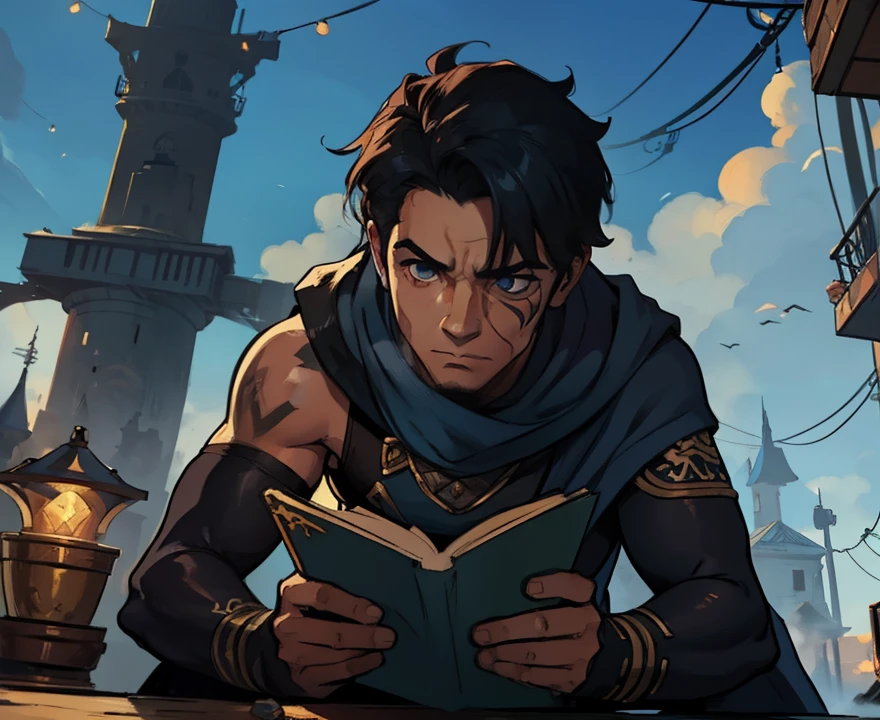 1 Homem lindo Steampuk, tattuagens, fundo cidade anoite, uma arte para um Jogo de rpg, Non-human art for an RPG ((perfect strokes))