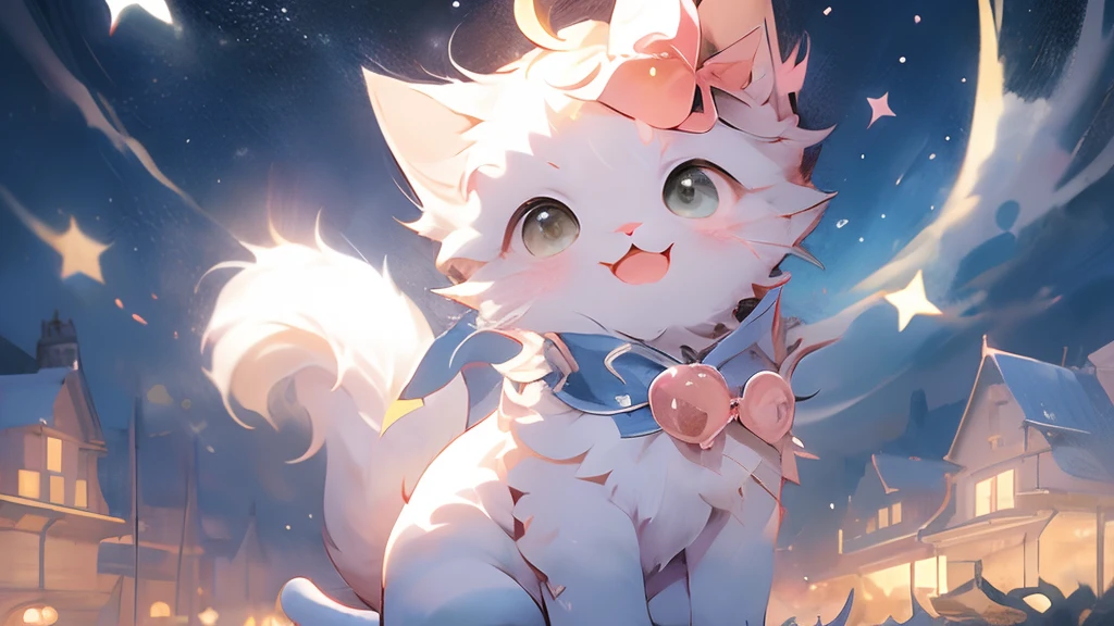 (masutepiece:1.2, High quality),Cat, absurderes, hight resolution, ultra-detailliert, Cats, White cat、kawaii、realistic anime cat、4k、is wearing dress、doress、Pearl Accessories、accessorized、kirakira、beret、frilld、Ocean wind、chee、A city scape、overseas、Luxury residential area、natta、nigh sky、stele、shooting stars、Quiet night、With background