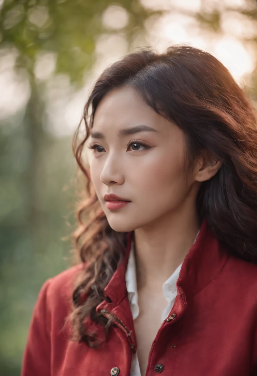 Asian girl with long curly hair, red jacket, topless