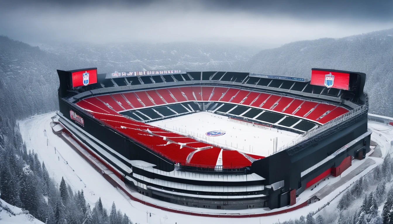 A football stadium that’s red and black that says commanders with the million seats in the stadium is covered with snow