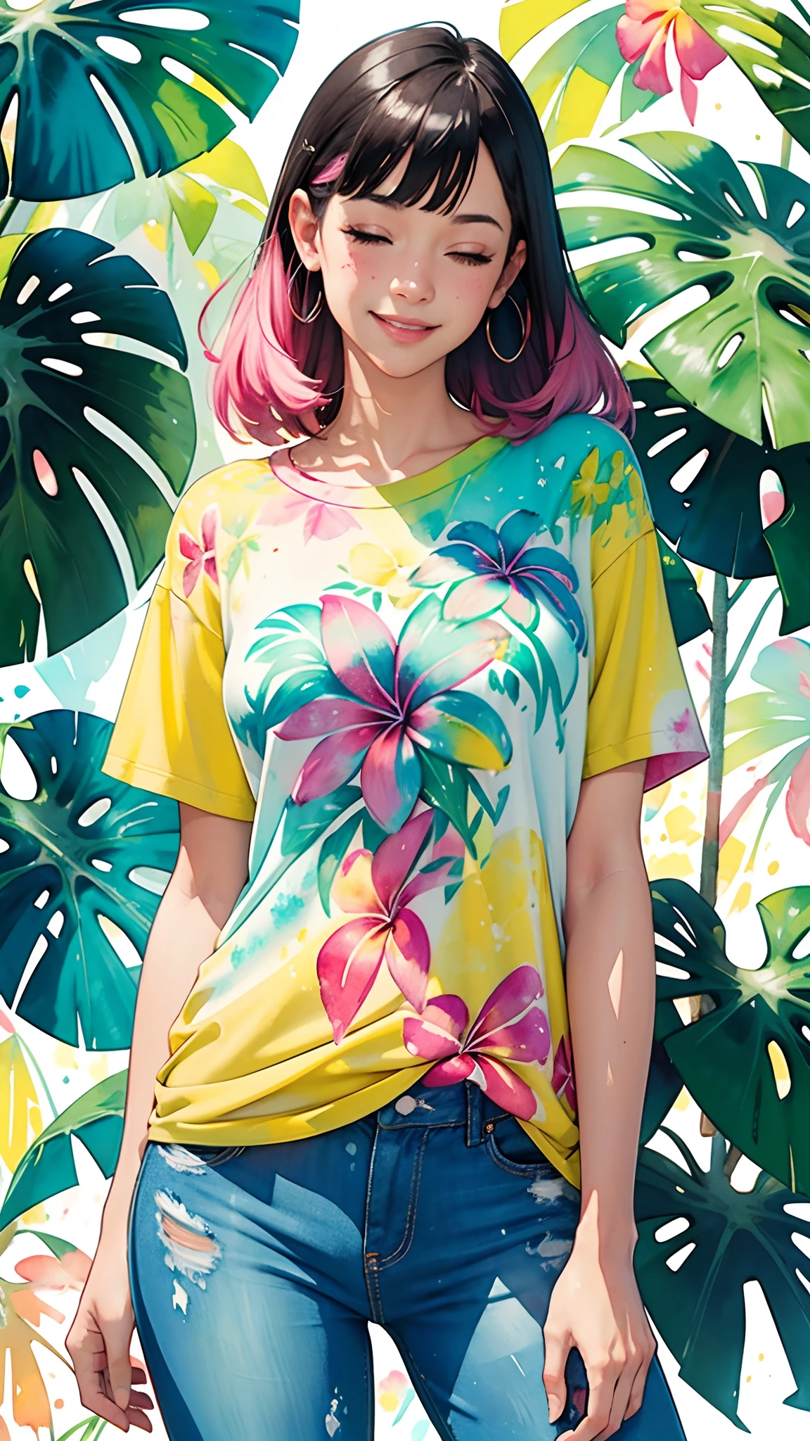 a Plumeria painting with a splatter background and tropical effect, by Adam hughes, plumeria flower design t-shirt and jeans, upper body centered, multi-color hair, closed eyes, big happy smile, watercolor art, watercolor painting, watercolor painting style, watercolor detailed art, watercolor digital painting, watercolor paint, masterfully detailed watercolor, watercolor art