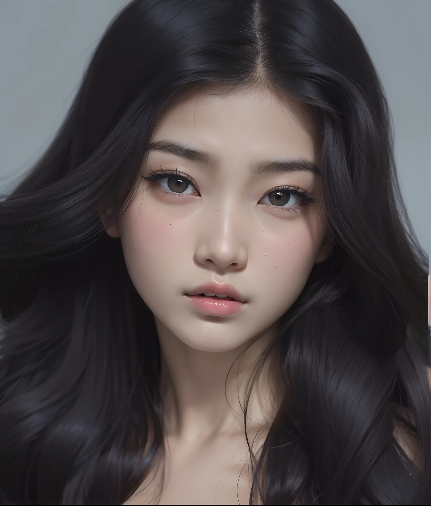 um close up de uma mulher com longos cabelos pretos e uma camisa branca, Realistic. Cheng Yi, korean face features, coreana, asian features, Asian face, anime hiper realista, detailed face of a asian girl, Beautiful Asian girl, beautiful aesthetic face, Mulher sul-coreana bonita, south east asian with round face, rosto extremamente bonito, young adorable korean face