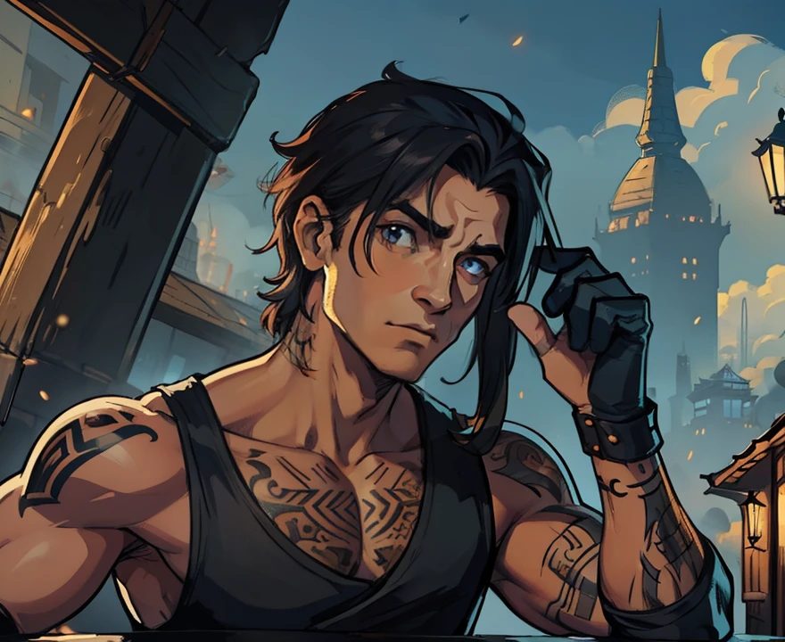 1 Homem lindo Steampuk, Tattuagens, fundo cidade anoite, uma arte para um Jogo de rpg, Non-human art for an RPG ((perfect strokes)) ((cabelo detalhado))