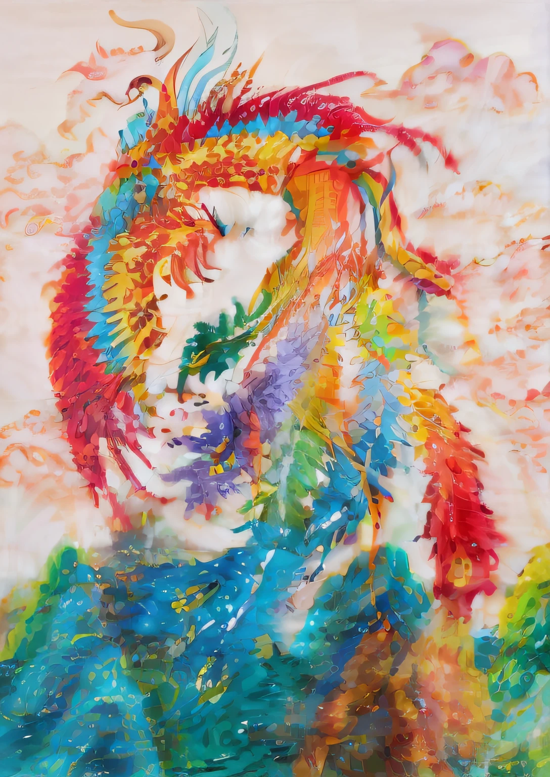 Elements include but are not limited to colorful phoenixes and rainbows,Pay attention to the sense of artistic conception,Draw the moment when the colorful phoenix spreads its wings and flies towards the rainbow,There are many colorful auspicious clouds around the rainbow and phoenix,The different elements are independent of each other,Phoenix and Rainbow are directly not independent,Size 8:10 or so,Xiangyun can be out of range,There can be colorful mountains or water,The color contrast should be obvious,Be complete