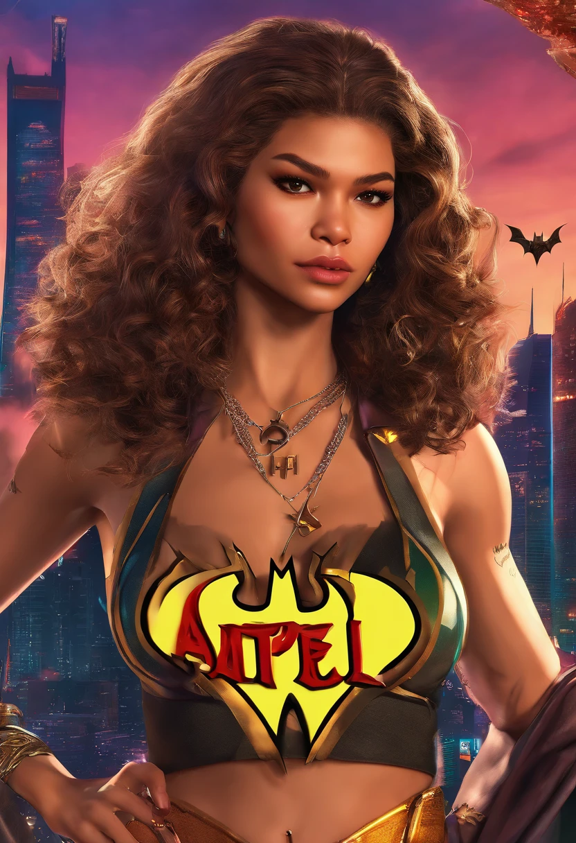 photo of zendaya a woman as a movie star, modelshoot style, (extremely detailed CG unity 8k wallpaper), Intricate, High Detail, Sharp focus, dramatic,photorealistic painting art by midjourney and greg rutkowski , (waist chain), ((Avengers in the background)), (looking at viewer), (detailed pupils:1.2), (Batman bra:1.3) , face only , dimly lit