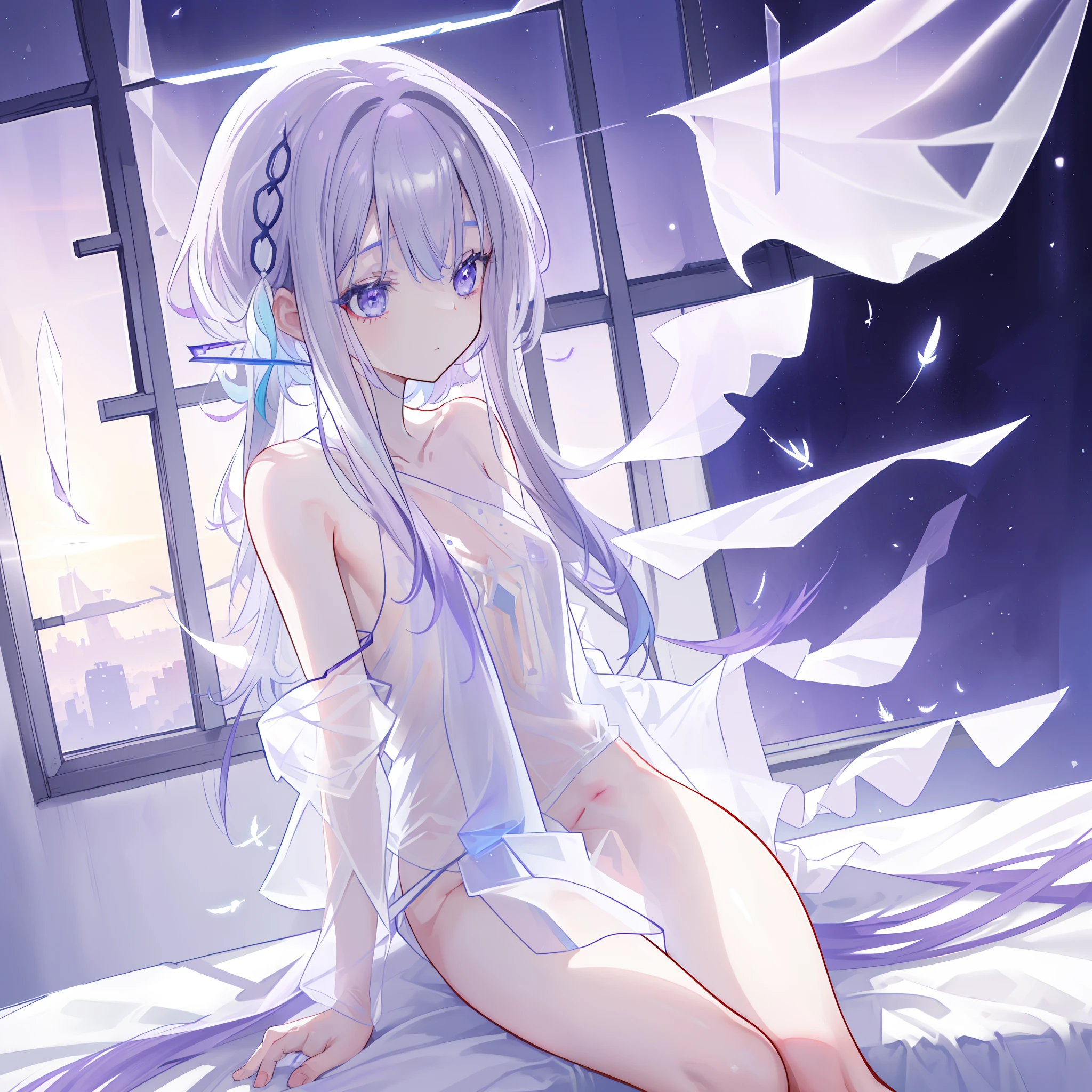 (((A close view: 1.4))) of an anime girl, (sitting on a (bed), (((half naked))), cinematic light, slim body with curves, skin is perfectly white, soft, and smooth, ((no nsfw)), Extremely delicate and beautiful CG illustration, best quality, high resolution, dynamic angle, full-length lens, (1 girl), floating, soft light, high-key lighting), glowing light, purple halo, feathers fluttering background, blue crystal, (((wearing nothing but a white (pure) (transparent) tank top))), ((very cinematic: 1.5))