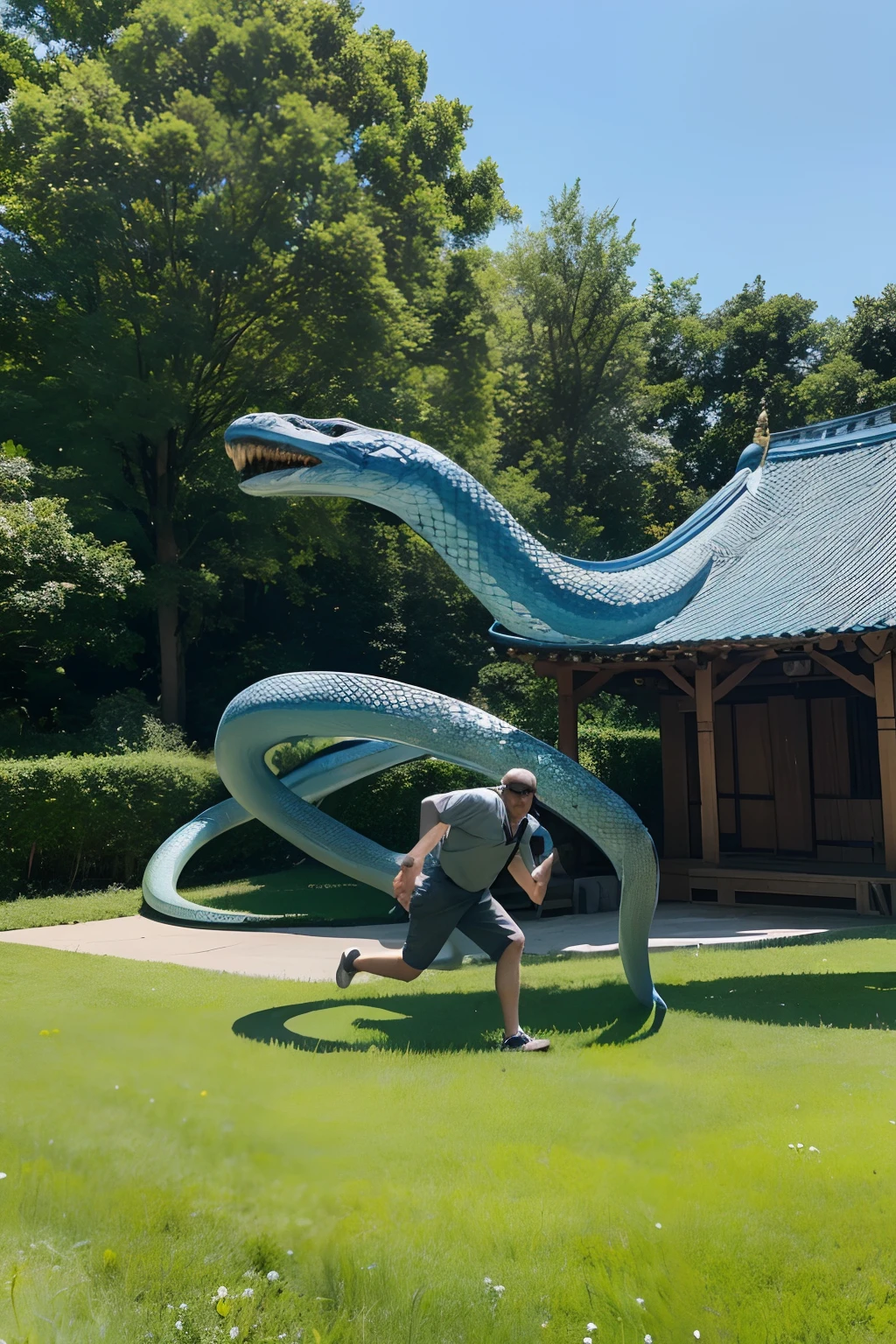 A man brandishes a large snake and rushes into the crowd，People dodged，HE SAID HE WAS PROFICIENT IN PYTHON。There are some houses in the back，and the sky is blue。There are meadows on the ground，There is a path next to it，The style is realistic，The picture is in a blue tone