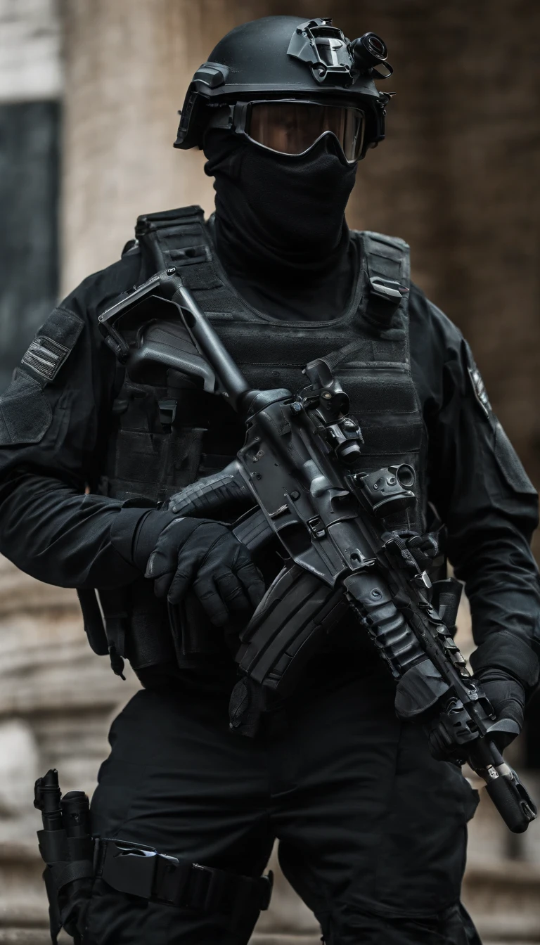 (Best quality,4K,8K,A high resolution,Masterpiece:1.2),Ultra-detailed,(Realistic,Photorealistic,photo-realistic:1.37), One of them wore a black SWAT uniform，Man in black helmet, A man in a black mask holds a gun, Air rifle CQB, French Special Operations, realistic soldiers, Soldiers in tactical equipment, tactical gear, cinematic —ar 16:9, realistic military equipment, Tactical armor, Black tactical equipment, combat outfit, Futuristic soldier costume, special forces security(Best quality,4K,8K,A high resolution,Masterpiece:1.2),Ultra-detailed,(Realistic,Photorealistic,photo-realistic:1.37), One of them wore a black SWAT uniform，Man in black helmet, A man wearing a black skull mask holds a gun, assault rifle，CQB, French Special Operations, realistic soldiers, Soldiers in tactical equipment, tactical gear, cinematic —ar 16:9, realistic military equipment, Tactical armor, Black tactical equipment, combat outfit, Futuristic soldier costume, special forces security，FBI official，Zombie crisis，Zombie background，There was chaos，Police shoot at zombies