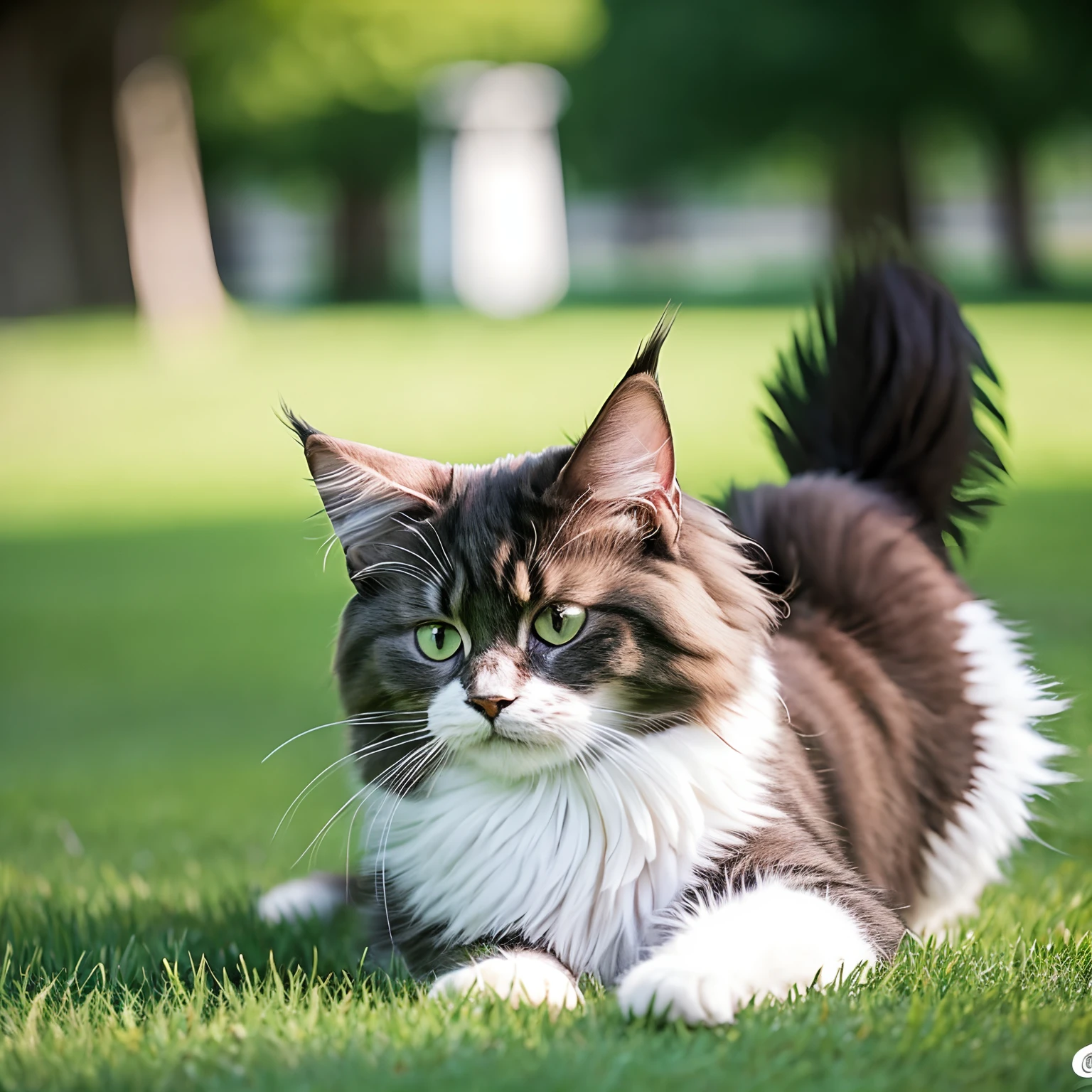 Maine Coon cat playing on the lawn。