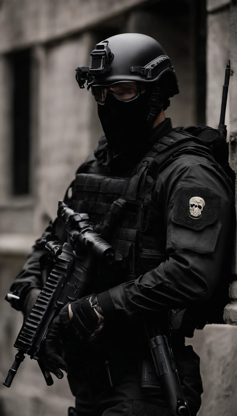 (Best quality,4K,8K,A high resolution,Masterpiece:1.2),Ultra-detailed,(Realistic,Photorealistic,photo-realistic:1.37), One of them wore a black SWAT uniform,Man in black helmet, A man in a black mask holds a gun, Air rifle CQB, French Special Operations, realistic soldiers, Soldiers in tactical equipment, tactical gear, cinematic —ar 16:9, realistic military equipment, Tactical armor, Black tactical equipment, combat outfit, Futuristic soldier costume, special forces security(Best quality,4K,8K,A high resolution,Masterpiece:1.2),Ultra-detailed,(Realistic,Photorealistic,photo-realistic:1.37), One of them wore a black SWAT uniform,Man in black helmet, A man wearing a black skull mask holds a gun, assault rifle,CQB, French Special Operations, realistic soldiers, Soldiers in tactical equipment, tactical gear, cinematic —ar 16:9, realistic military equipment, Tactical armor, Black tactical equipment, combat outfit, Futuristic soldier costume, special forces security,FBI official,Zombie crisis,Zombie background,There was chaos,Police shoot at zombies