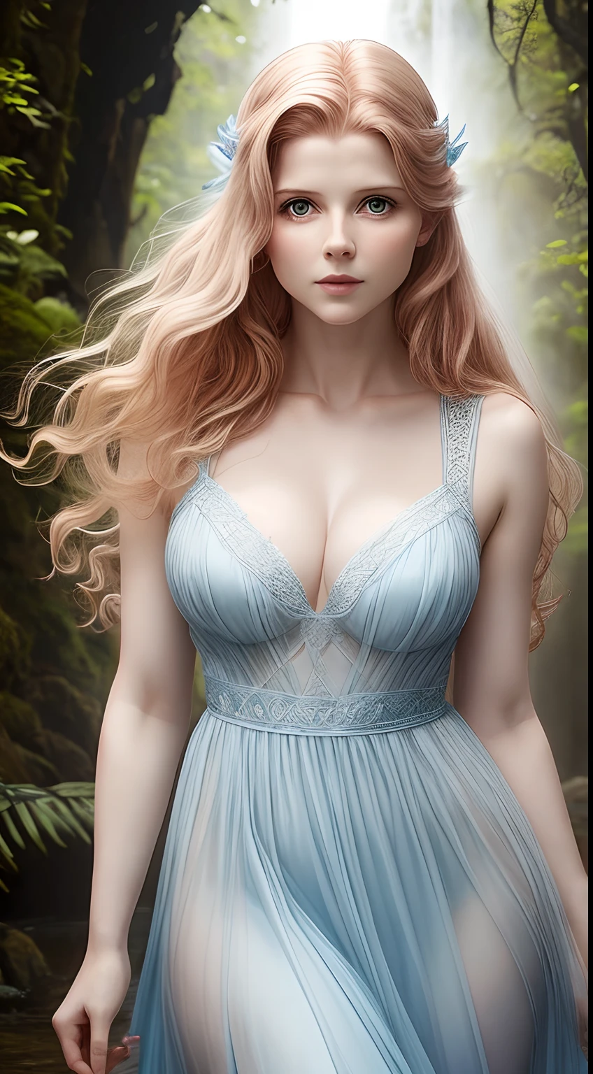 Rachel Hurd-Wood as a beautiful pale elf in a long light blue dress ( No Straps ) com longas fendas laterais, coxas expostas, Tecido transparente, estilo grego, cabelos loiro claro, cabelo soltos ao vento, orelhas de elfo, facial expression of tenderness, look-at-camera, Beautiful face looking at the camera, body curvy, transparency, Romantismo, Rio, cachoeira, imagem 64k