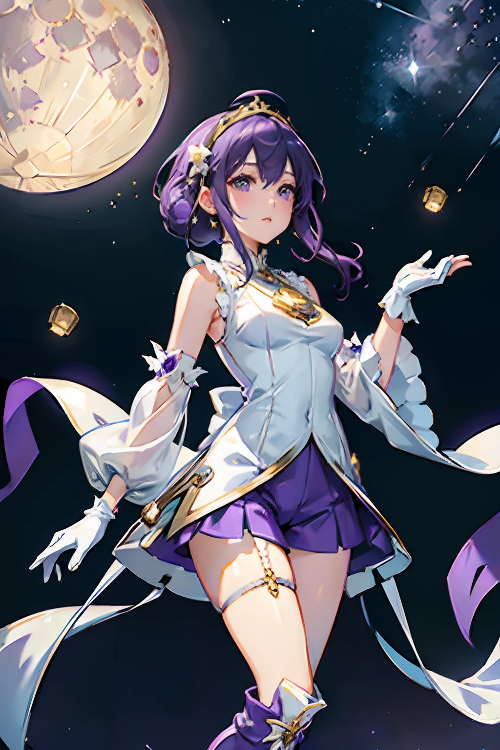 "top-quality、masterpiece、ultra-definition、8K、Extremely detailed、
Create a 4DCG masterpiece" Japan's top-quality anime-style drawings
Witch Girl、purple outfit、hair color is light purple、Long straight hairstyle、Purple tornado background、Float in the air with a broom、cosmic space、Cute with big eyes、The clothes are a little tattered、The expression is a little smiling、Composition in which the whole body is visible