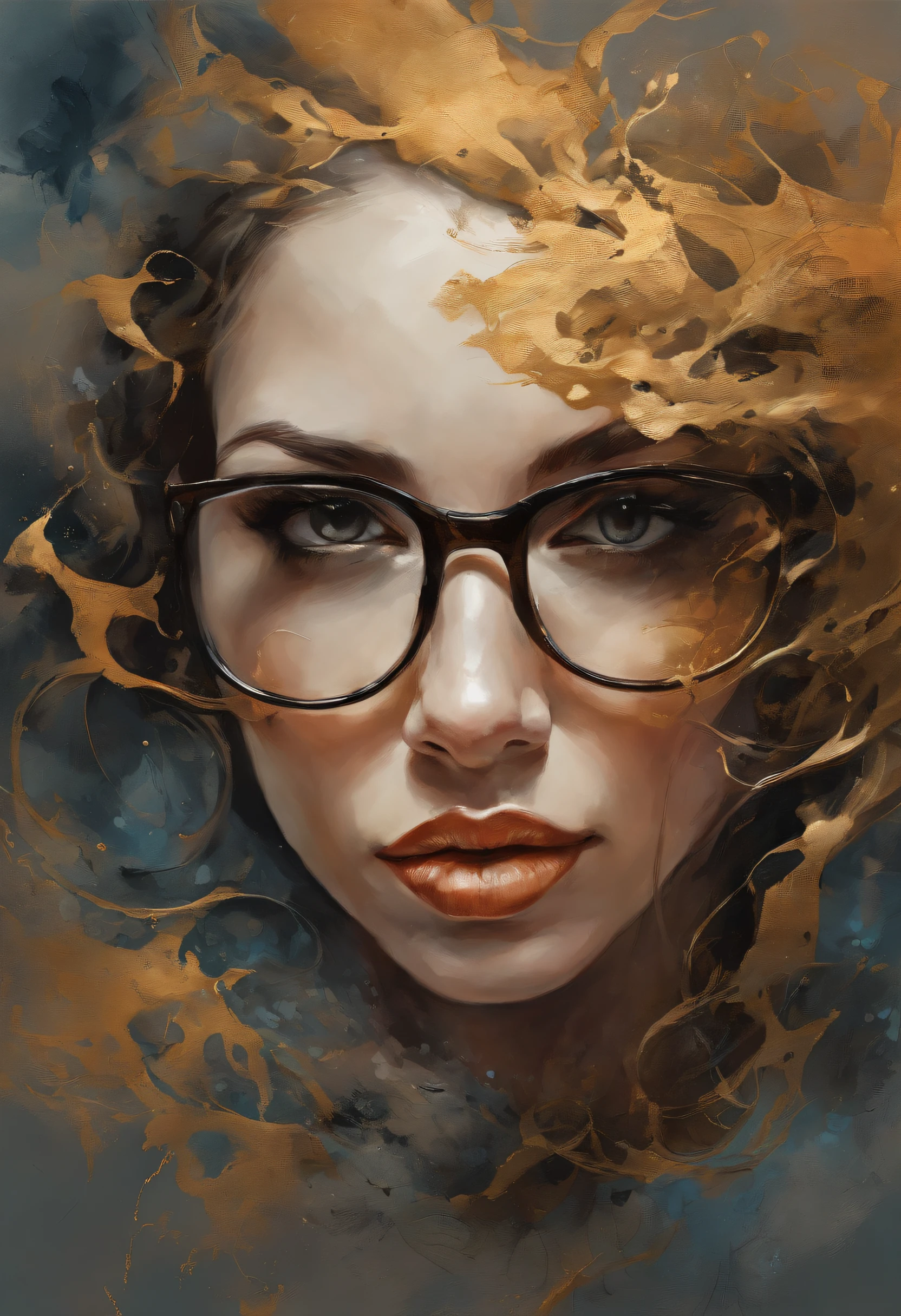 Girl in glasses and black dress, vestido curto e sexy, cabelos pretos e longos, fleshy lips, pele bonita, olhos negros, olhar sexy, segurando adagas afiadas, garota bonita, Asian, seios grandes e bonitos, Athletic physique in shape, Estilo espadachim, Fantastic gold and black beams, tons de dourado, laranja e pastel, (papel de parede CG unity 8k extremamente detalhado), chaotic storm of intricate liquid smoke in the head, beleza estilizada retrato abstrato de corpo inteiro, pele molhada, por petros afshar, Tran Ross, Tom Baleia, Pedro Mohrbacher, Artgerm, shattered glass, ((bubbly underwater scenery)) Highly detailed octane radiant light rendering ((Evil Aesthetics))