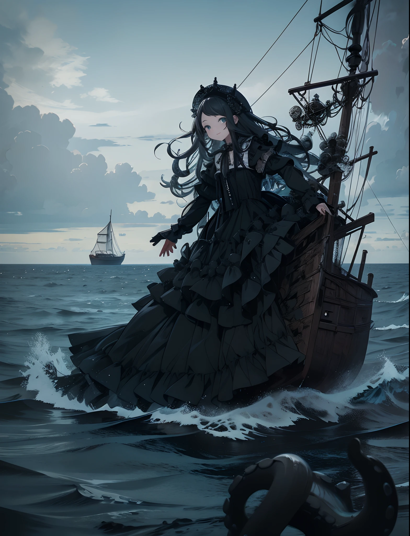 Giant girl leaning out of the sea. She wears a gothic dress. dress with ruffles. Innocent laughter. Grab and sink the ship. Wooden boat. Tentacles extending from the sea. View from the ship.