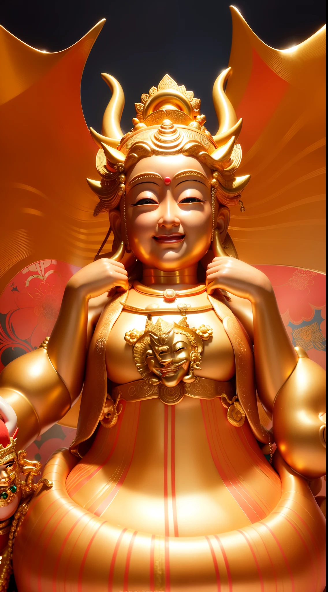 masutepiece, Best Quality, hight resolution,Fantastic,Upper body,1 old god men,Seven lucky gods,benzaiten,daikokuten,Buddhist statue sculpture, Bald, Smile, shining background,Halo,golden colors,Golden kimono,Japanese dress,Clothes,sacredness,Smiling face