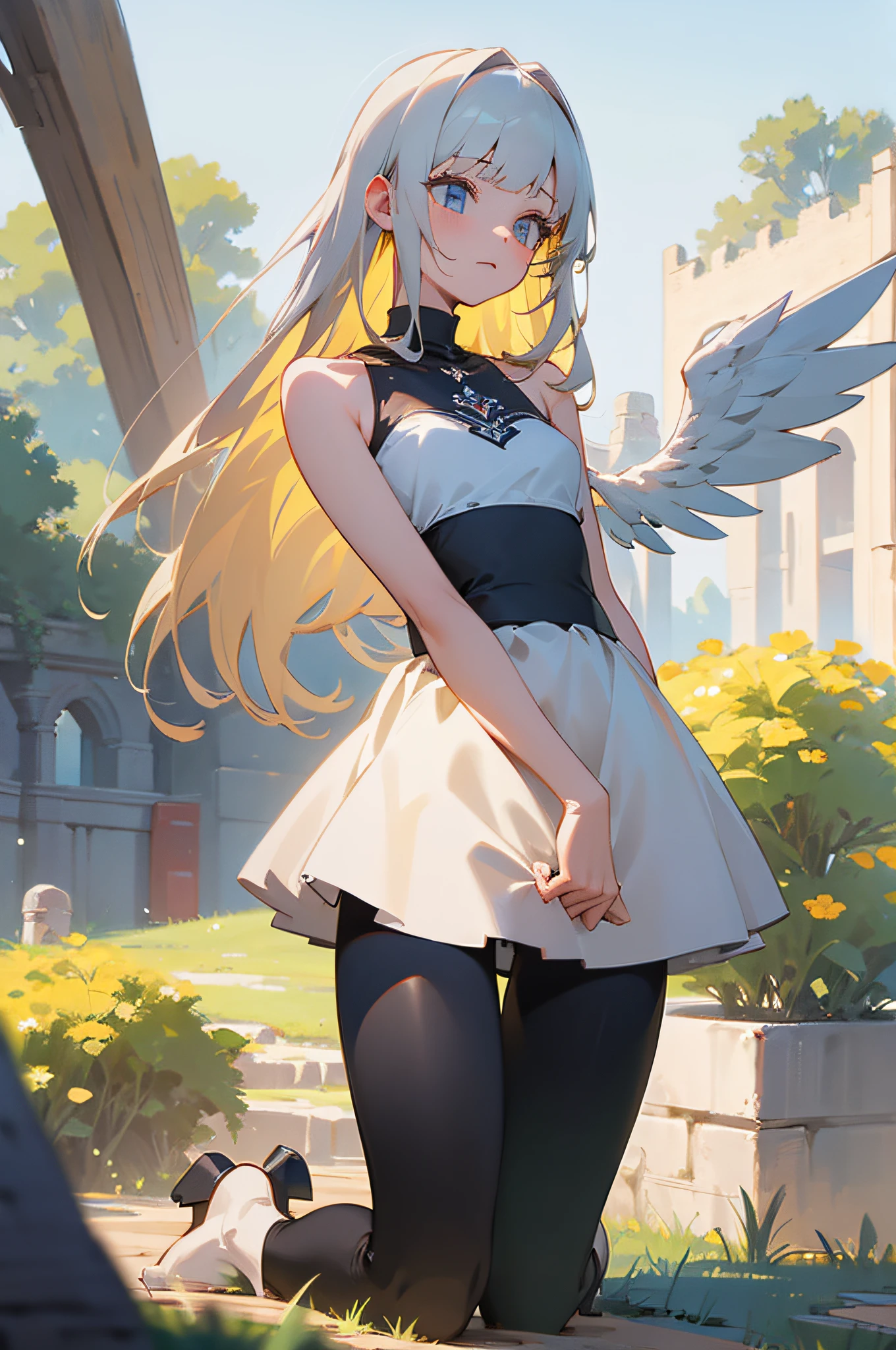 highly detailed,masterpiece,ultra-detailed,illustration,medium breast,best quality,small breast,Bare shoulders,princess_carry,Bare arms,gorgeous,castle,in a meadow,focus_on_face,witch,angel,blunt bangs,curtain,kneeling,black leggings ,white hair,panties,grove,yellow hair,little girl,hand on own chest,arm_support,pixel_art