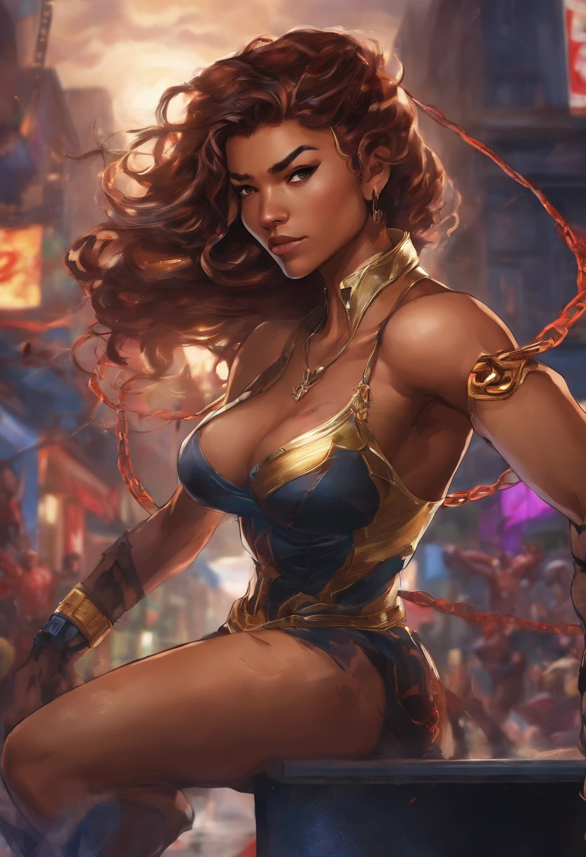 photo of zendaya a woman as a movie star, modelshoot style, (extremely detailed CG unity 8k wallpaper), Intricate, High Detail, Sharp focus, dramatic,photorealistic painting art by midjourney and greg rutkowski , (waist chain), ((Avengers in the background)), (looking at viewer), (detailed pupils:1.2), (Batman bra:1.3) , face only , dimly lit