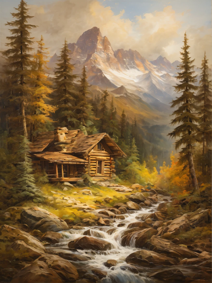 Immerse yourself in the beauty of nature with this captivating painting featuring a rustic mountain cabin blending seamlessly into a dense forest. The composition captures the cabin's natural integration with its surroundings, creating a sense of harmony and tranquility. The use of earthy tones and textured brushstrokes adds depth and visual interest to the painting, evoking a sense of serenity and solitude. Painted by renowned landscape artist Thomas Moran
