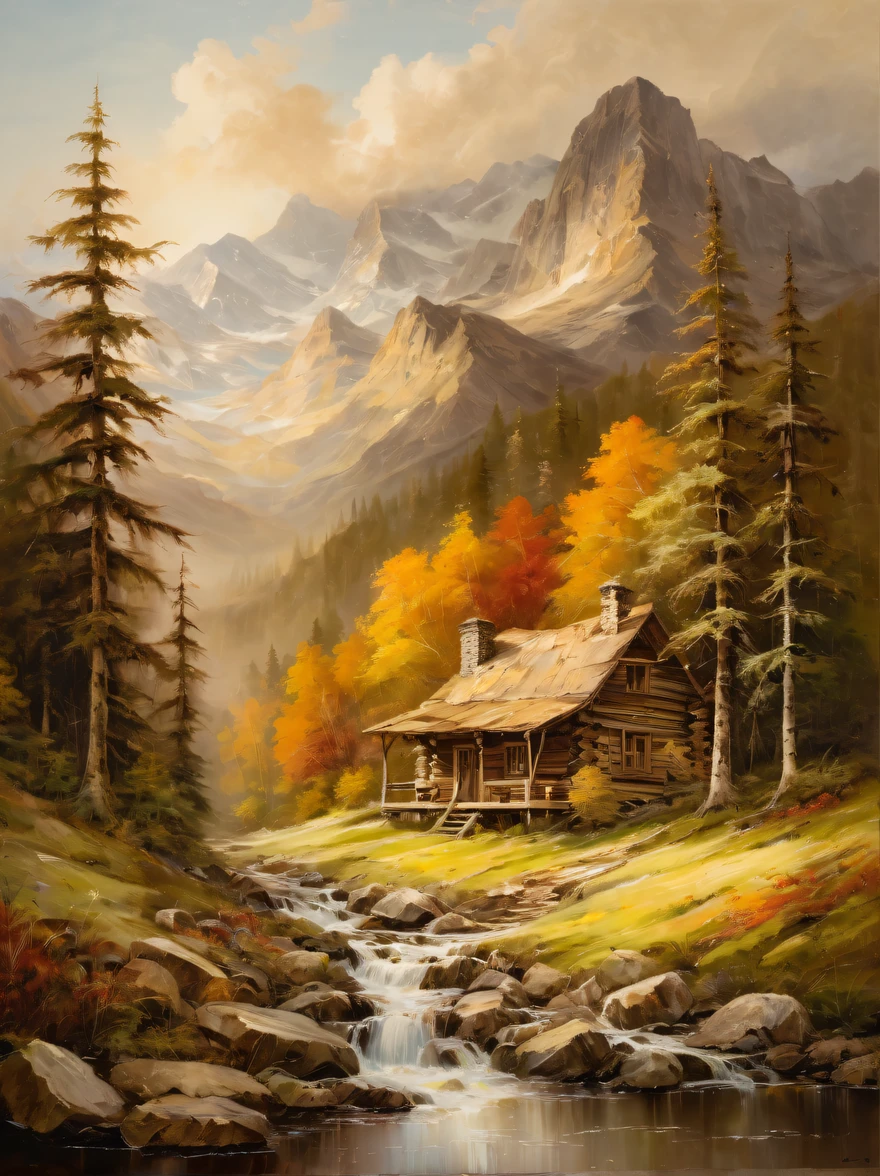 Immerse yourself in the beauty of nature with this captivating painting featuring a rustic mountain cabin blending seamlessly into a dense forest. The composition captures the cabin's natural integration with its surroundings, creating a sense of harmony and tranquility. The use of earthy tones and textured brushstrokes adds depth and visual interest to the painting, evoking a sense of serenity and solitude. Painted by renowned landscape artist Thomas Moran