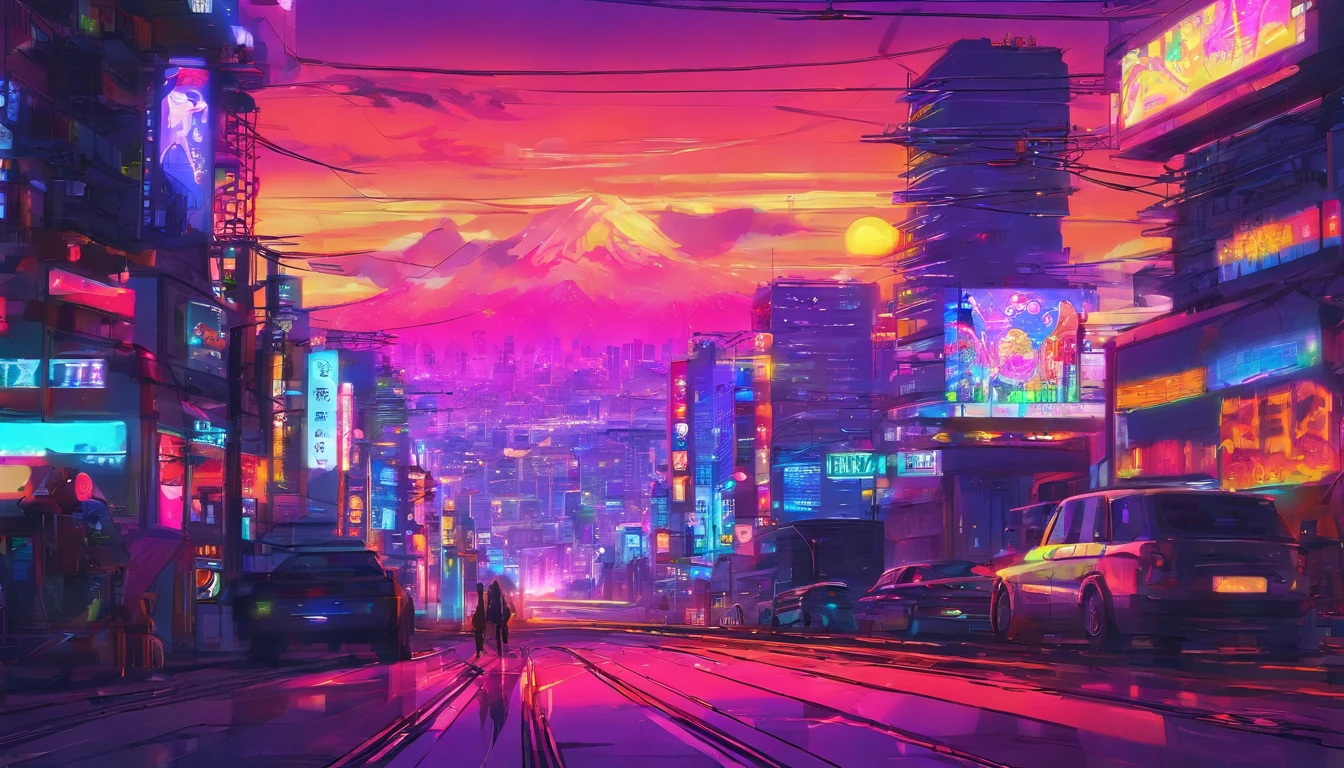 Close-up of the city with neon sunset in the background, Synthwave City, vaporwave city, Synthwave aesthetics, Neon City in the background, Background of Neo Tokyo, Neon metropolis in the background, Futuristic urban background, cyberpunk aesthetics, The city's backstory is cyberpunk, Purple Cyberpunk City, cyberpunk city background, cyberpunk aesthetics, cyberpunk atmosphere, Cyberpunk cityscape,anime clouds, Anime background, anime sky, in style of makoto shinkai, Beautiful puffy clouds. the anime, style of makoto shinkai, makoto sinkai!, beautiful anime scenery, based on Makoto Shinkai, Anime Landscape Wallpaper, makoto sinkai!!, Makoto Shinkai art style,japanaese girl,pale skin,beatiful face(purple hair)red jacket,Tokyo at night, with Cyberpunk style,Japanese streetwear,Tokyo Fashion,In a Cyberpunk 2 jacket 0 7 7,Full-length,attractive pose,Bottom view