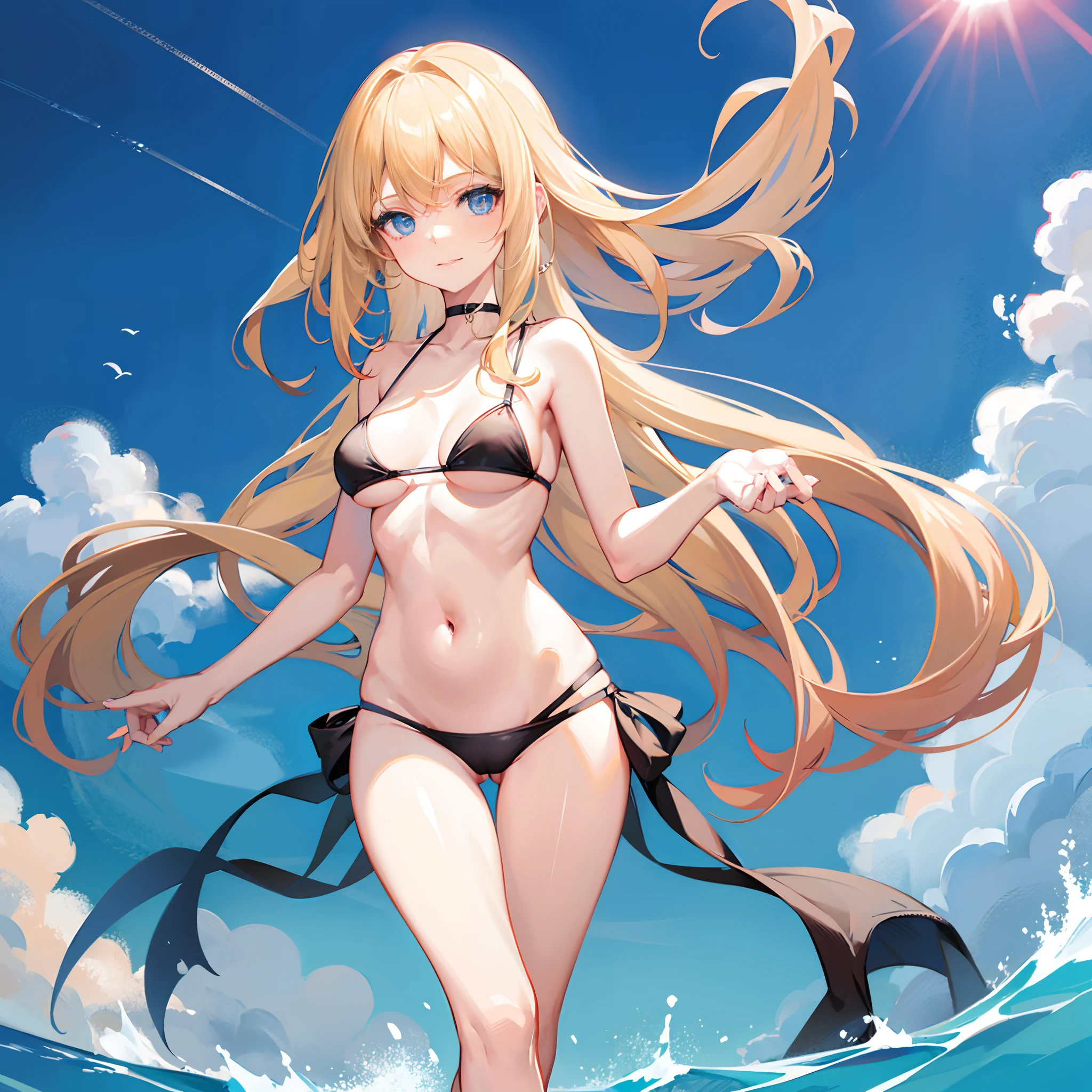 Woman with blonde hair, blue eyes, good body. She walked on a white beach in a black bikini with her slightly smiling face.