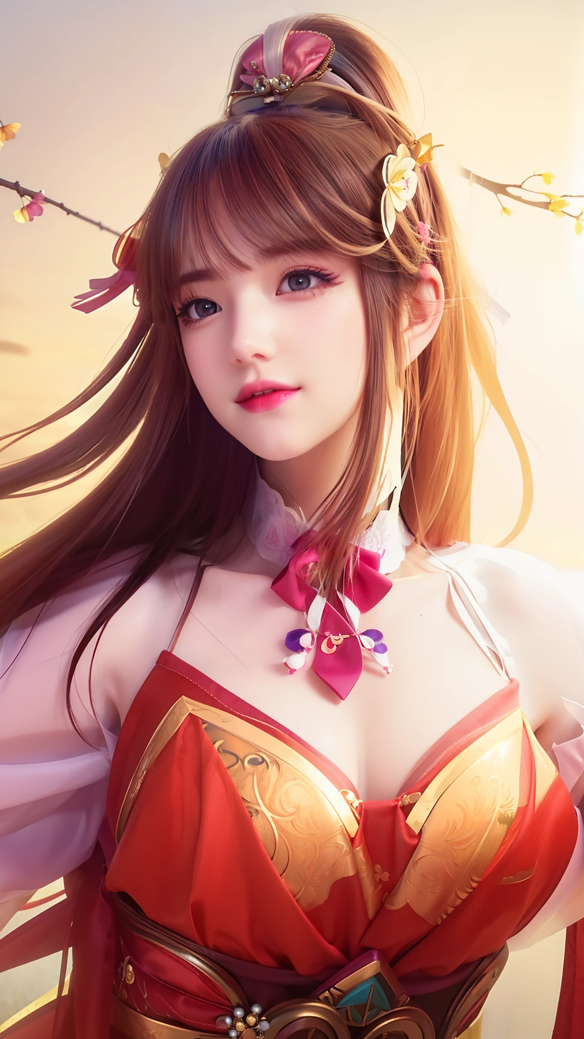 (8k, 4k, best quality, highres:1.2), (maasterpiece, realistic, photo realistic:1.37), 1girl, solo, beautiful face, eyelashes, nose, glossy lips, (detailed eyes, looking at viewer, fair skin, white skin:1.5), fine complexion, upper body, large breasts, busty,, (:1.5), outdoor onsen, two side up, absurdly long hair, blonde hair, pink hair, bangs, hair ornament, bow, younger, aged down