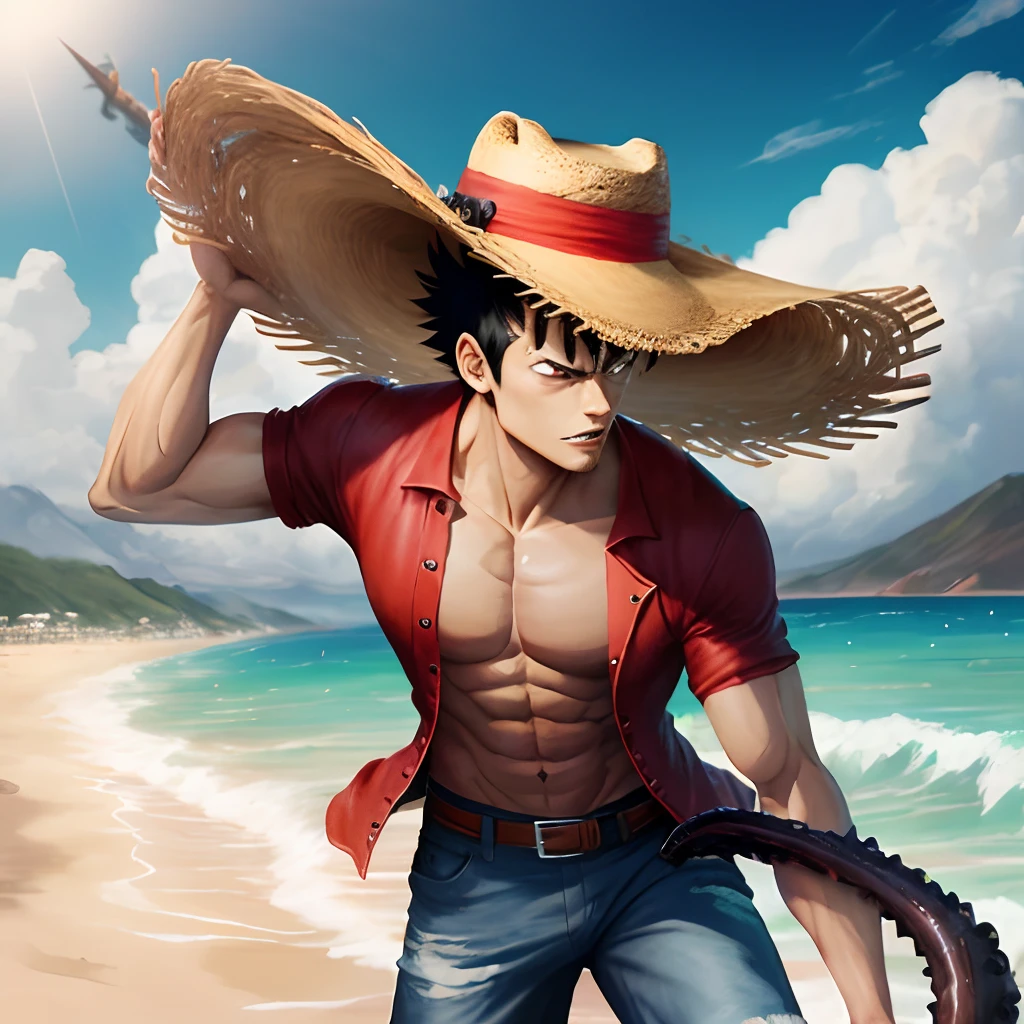 Macaco luffy, pirata, anime, eichiiro oda, manga, Action, luta, furia, brilho do sol, roupa vermelha, straw hat, navio, oceano, baleia, kraken, fogo, raios, liberdade, alta qualidade