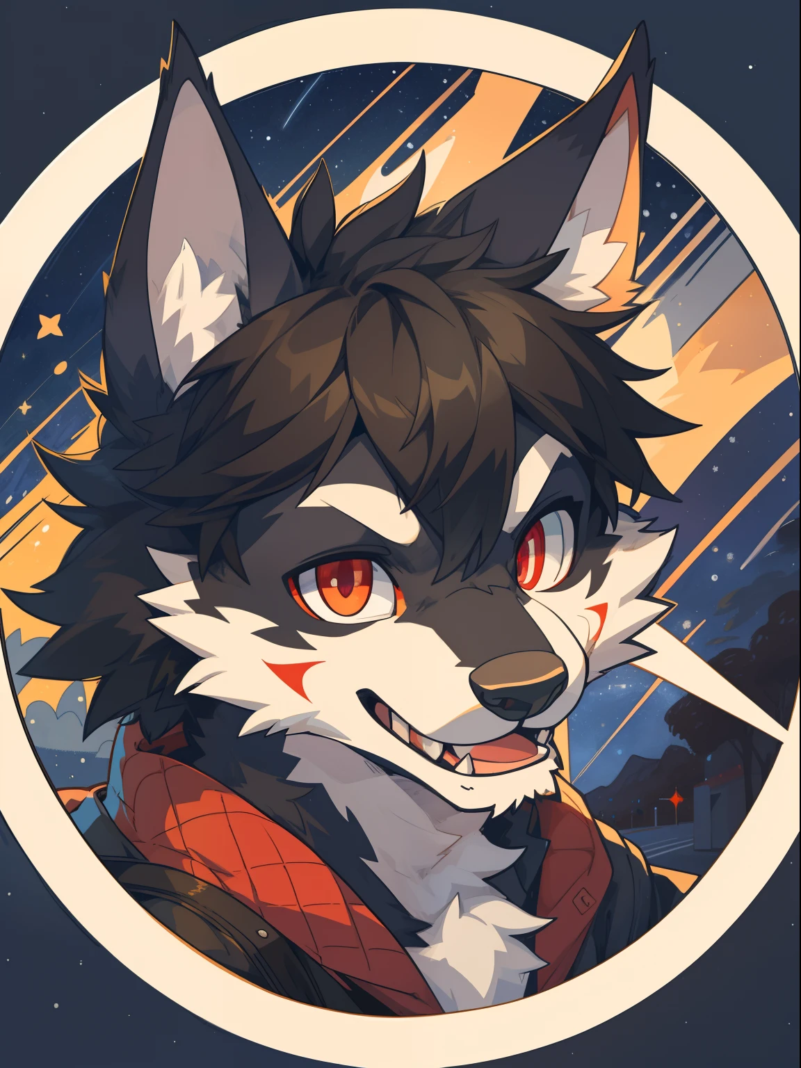 top-quality,best qualityer,rzminjourney,vectorial art,High quality illustrationtiz,tmasterpiece,round form,the street,Wolf orcs, Red and black hair,Red pupils,smiling warmly,Super detailed illustration,solo person,Starry night