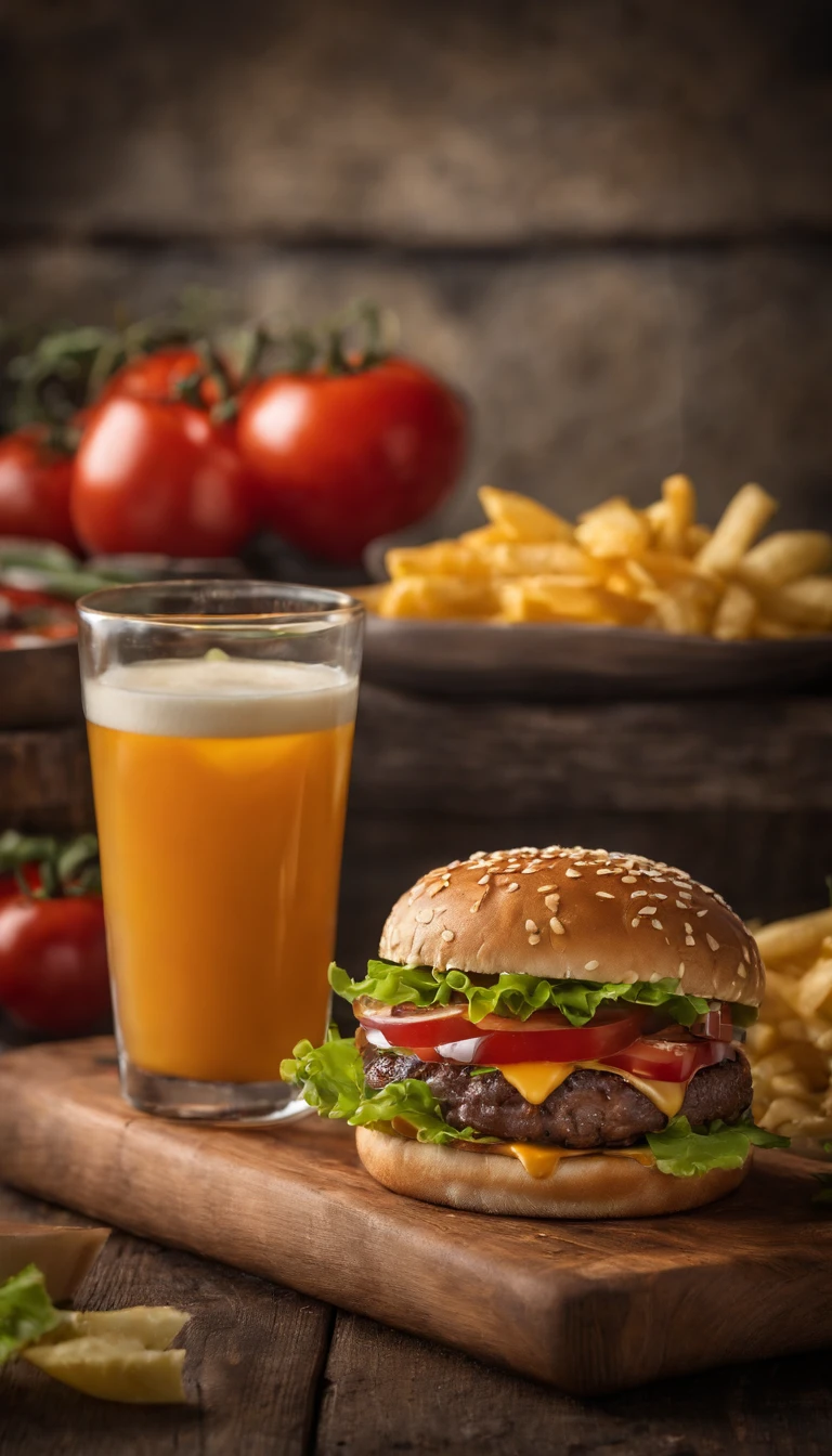 a juicy, mouth-watering double cheeseburger with perfectly toasted buns, freshly ground beef patty cooked to perfection, melted cheddar cheese, crispy lettuce, ripe tomatoes, pickles, and a tangy special sauce, served with a side of golden, crispy french fries. The burger is expertly crafted and looks absolutely delicious, with each ingredient perfectly layered to create a symphony of flavors. The cheeseburger is served on a wooden cutting board, adding a rustic touch to the presentation. The lighting is soft and warm, highlighting the vibrant colors of the ingredients and creating an inviting atmosphere. The image quality is top-notch, with ultra-detailed textures and sharp focus to capture every mouthwatering detail. The color palette is rich and vibrant, enhancing the visual appeal of the burger and making it even more appetizing. The overall style is reminiscent of food photography, with careful attention to composition and lighting.