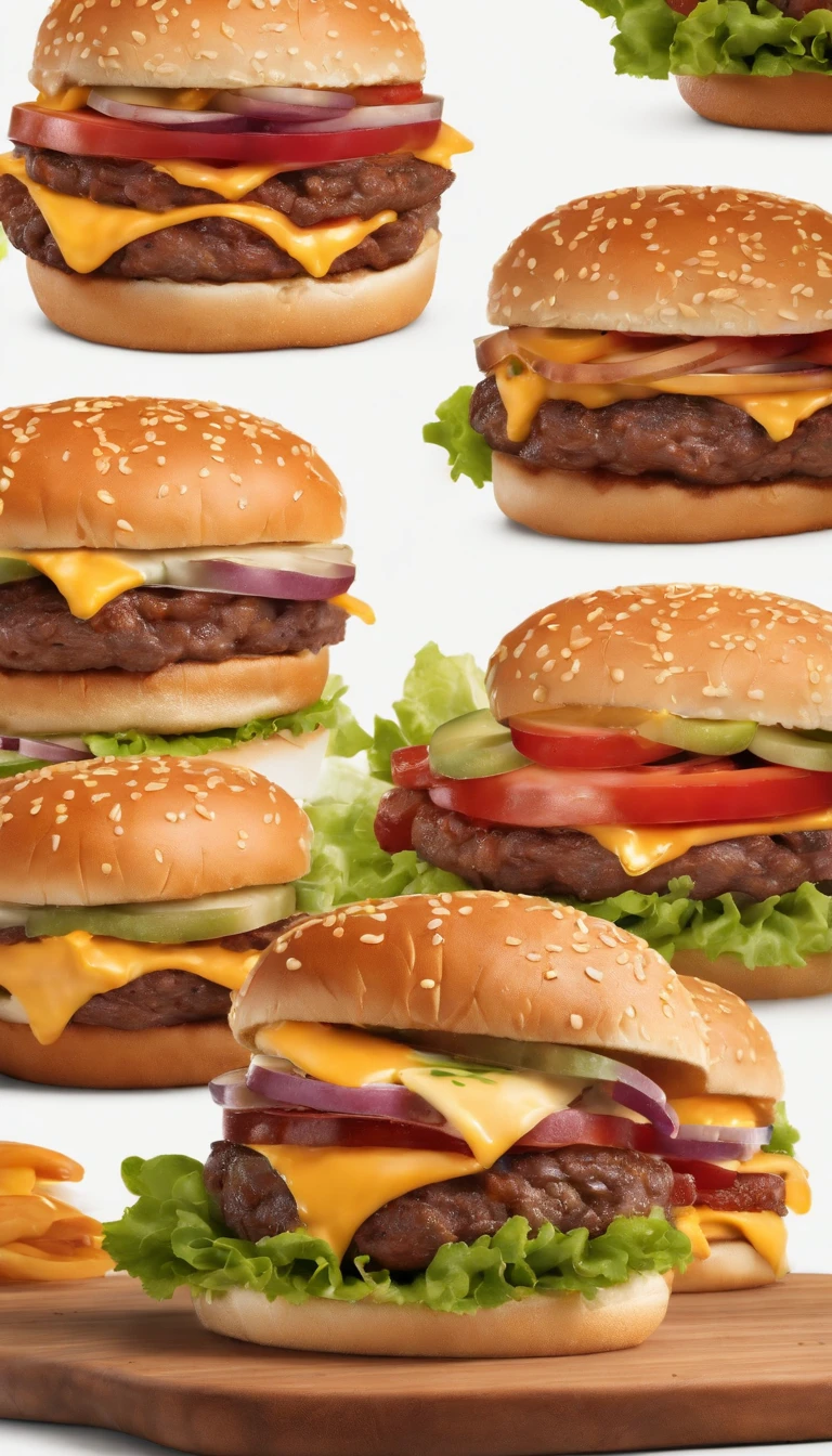 a juicy, mouth-watering double cheeseburger with perfectly toasted buns, freshly ground beef patty cooked to perfection, melted cheddar cheese, crispy lettuce, ripe tomatoes, pickles, and a tangy special sauce, served with a side of golden, crispy french fries. The burger is expertly crafted and looks absolutely delicious, with each ingredient perfectly layered to create a symphony of flavors. The cheeseburger is served on a wooden cutting board, adding a rustic touch to the presentation. The lighting is soft and warm, highlighting the vibrant colors of the ingredients and creating an inviting atmosphere. The image quality is top-notch, with ultra-detailed textures and sharp focus to capture every mouthwatering detail. The color palette is rich and vibrant, enhancing the visual appeal of the burger and making it even more appetizing. The overall style is reminiscent of food photography, with careful attention to composition and lighting.