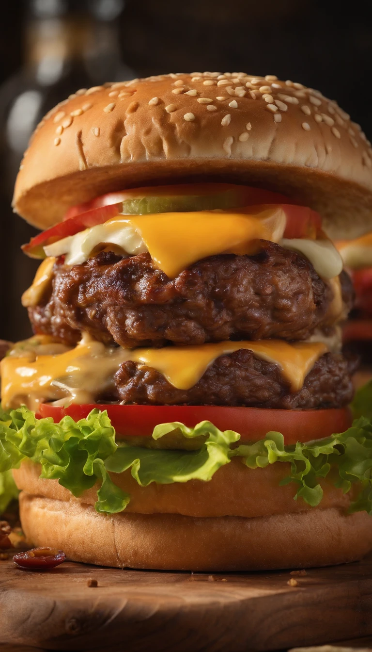 a juicy, mouth-watering double cheeseburger with perfectly toasted buns, freshly ground beef patty cooked to perfection, melted cheddar cheese, crispy lettuce, ripe tomatoes, pickles, and a tangy special sauce, served with a side of golden, crispy french fries. The burger is expertly crafted and looks absolutely delicious, with each ingredient perfectly layered to create a symphony of flavors. The cheeseburger is served on a wooden cutting board, adding a rustic touch to the presentation. The lighting is soft and warm, highlighting the vibrant colors of the ingredients and creating an inviting atmosphere. The image quality is top-notch, with ultra-detailed textures and sharp focus to capture every mouthwatering detail. The color palette is rich and vibrant, enhancing the visual appeal of the burger and making it even more appetizing. The overall style is reminiscent of food photography, with careful attention to composition and lighting.