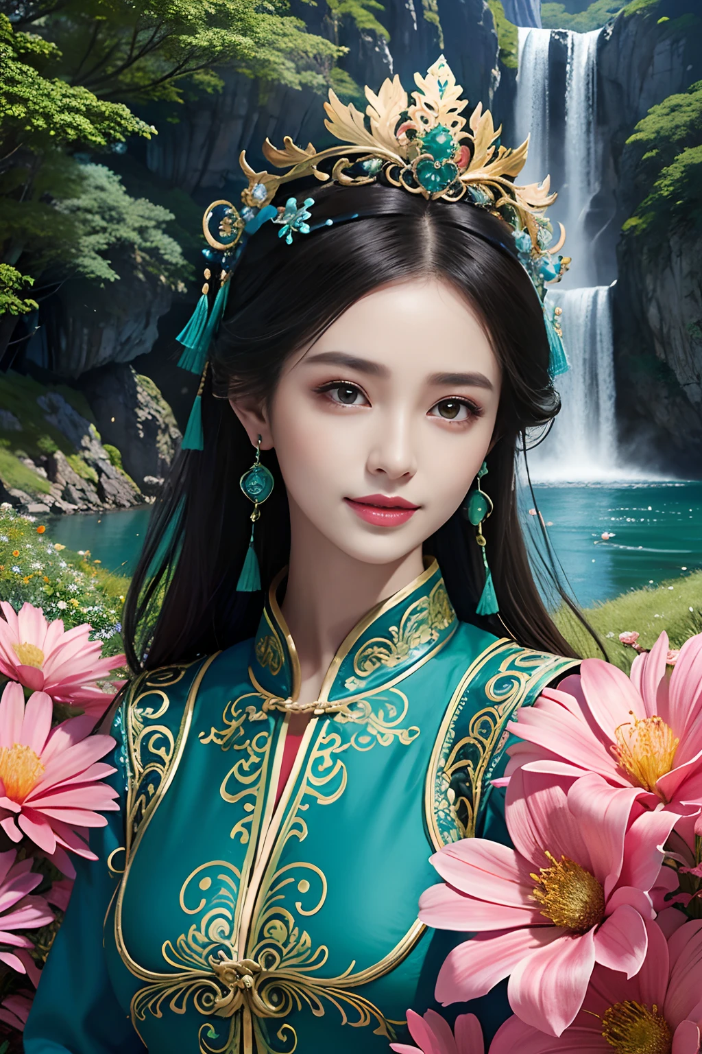 A woman wearing a blue Chinese dress,Phoenix crown,(tmasterpiece,top Quority,best qualtiy,offcial art,Beauty and aesthetics:1.2),(1girll:1.3),The is very detailed,(s fractal art:1.1),Most detailed,( zentangle:1.2), full bodyesbian, (abstract backgrounds:1.3), (Shiny skin), (many color:1.4), perfect hands, perfect eyes, ((small smile)), (Earrings), (feater:1.5), sexy pose, dynamic, ((background has green grass, flowers, a lake, and a beautiful waterfall)), (upper body only), no smile