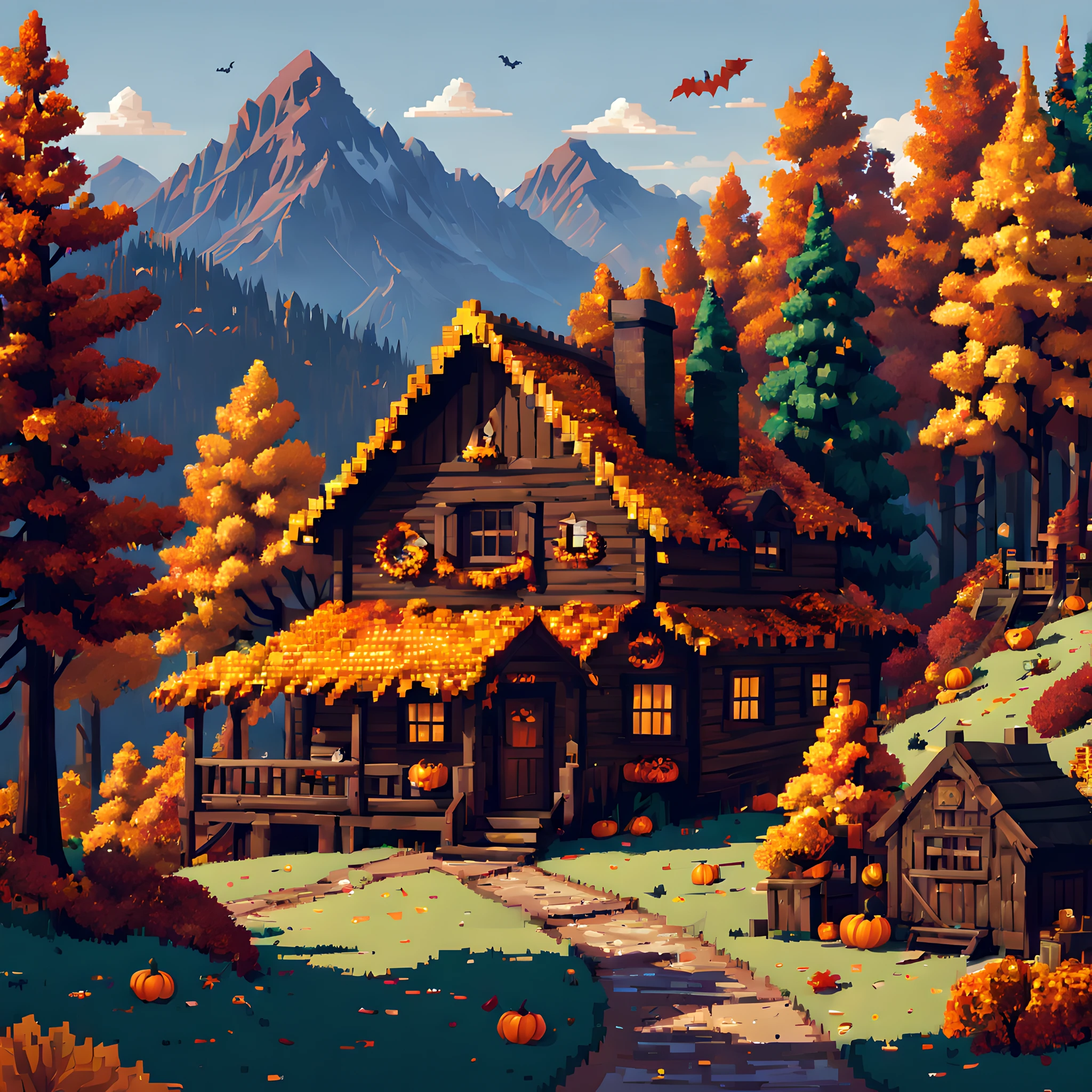 (halloween theme:1.3), (Mountain Cabin (Mountain Cabin) (Mountain Cabin (Mountain Cabin)):1.3), (Pixel art:1.5),  Mountain road decorated for Halloween、Halloween Decoration Hats、Autumn mountain hut、Colored leaves、