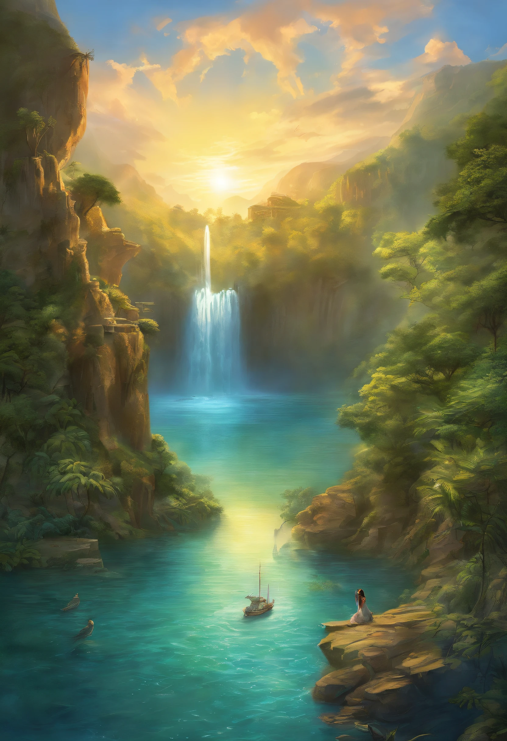 National Geographic style picture, Award winning,(best detailed: 1.5) a picture of a waterfall (coming out of a head of dragon carved on the stone of the cliff: 1.4), there is a huge rocky, steep cliff of a mountain on it there is (huge head of dragon: 1.3) carved on it, (best detailed: 1.3), from the mouth a massive, (epic waterfall comes out pouring and gushing: 1.4), there are several levels of the waterfall, you can see the force of the fall of the water, the water falls into a massive pool, of crystal clear water, in many shades of vibrant, full spectrum of blue, azure, verdant and green, the water are calm, and clear, there are some eagles flying by, a long shot, (the sun is rising and being reflected in the pool: 1.4), a tropical forest background, and a mountain range in the horizon, (photorealistic: 1.2), 16k, RAW, award winning, (best detailed: 1.5), masterpiece, best quality, (best detailed: 1.3), full body, ultra wide shot
