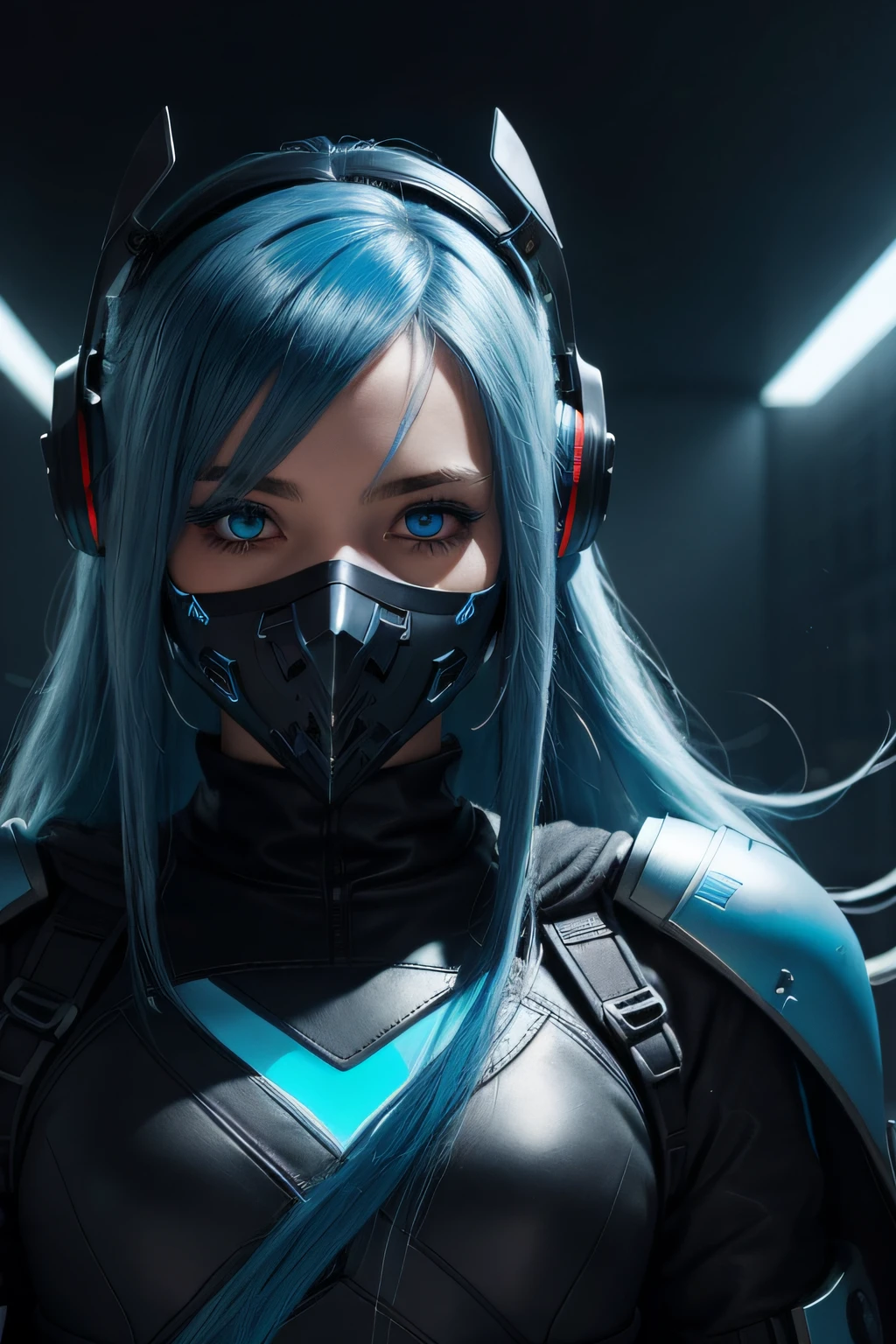 girl with long blue hair, blue eyes, futuristic vibes, mask on mouth, headphones, 8k, high quality, simple background, glowing eyes, nice pose