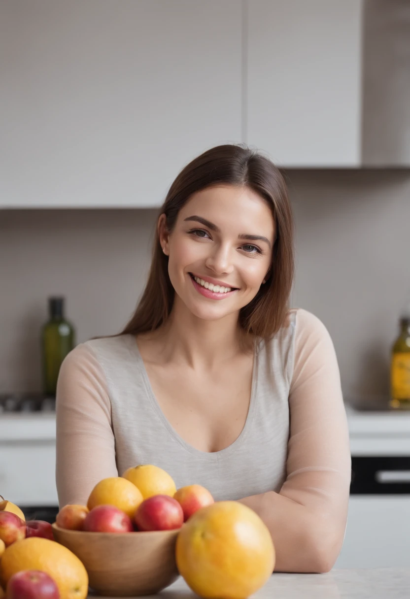 Portrait of beautiful young woman standing in kitchen with a bright smile in a modern and well-lit kitchen with fresh fruits, vegetais, Nuts and oils on the counter. Foto de corpo inteira. Garota fitness.