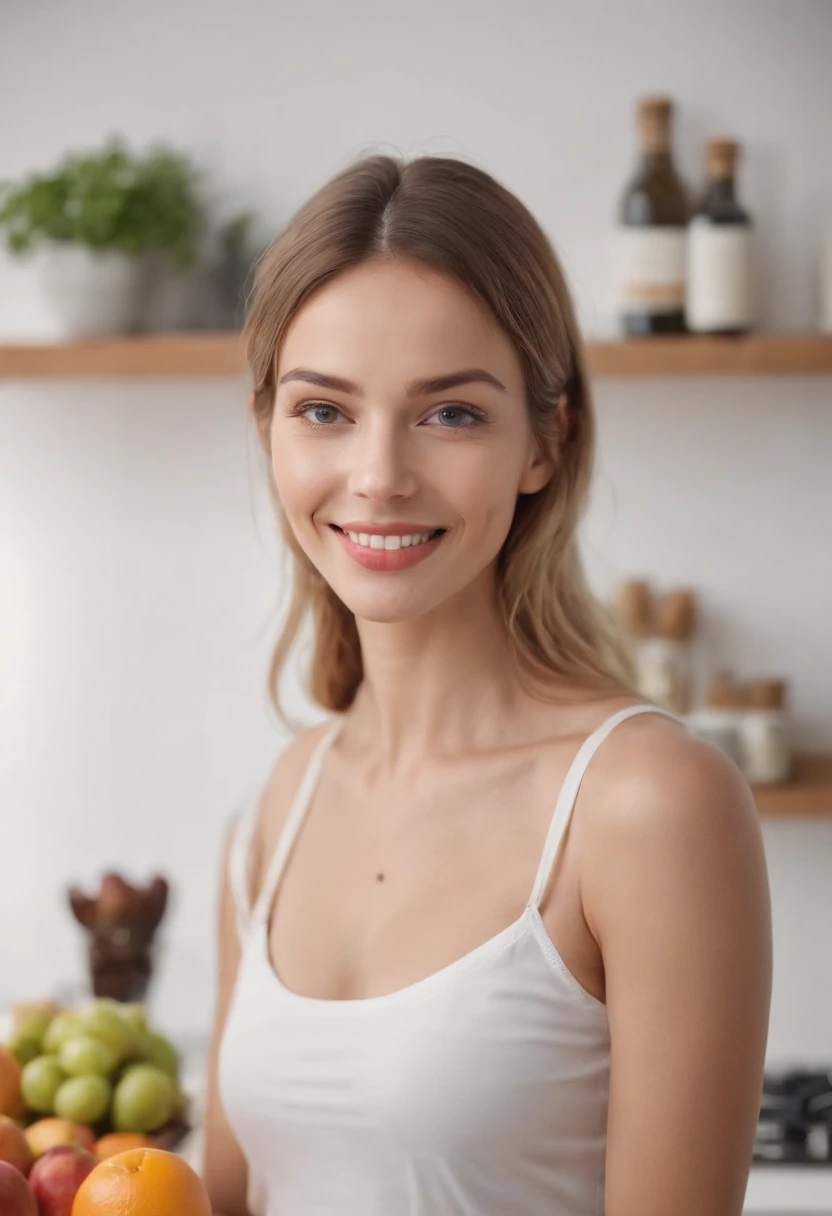 Portrait of beautiful young woman standing in kitchen with a bright smile in a modern and well-lit kitchen with fresh fruits, vegetais, Nuts and oils on the counter. Foto de corpo inteira. Garota fitness.