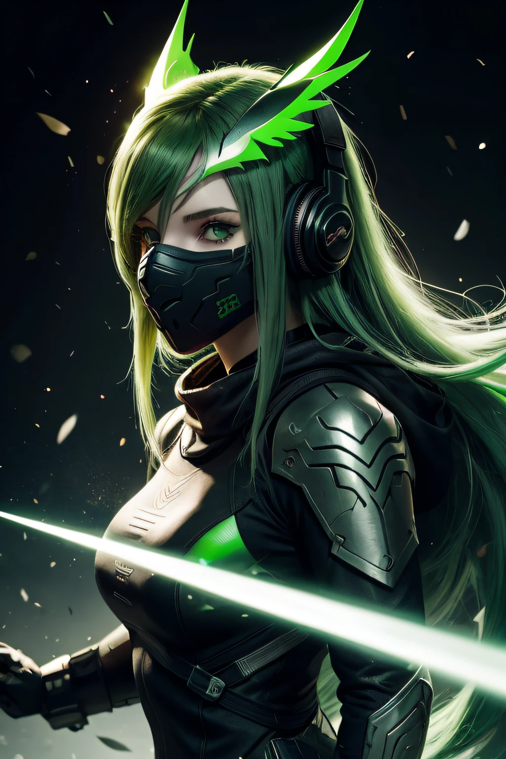 girl with long green hair, green eyes, futuristic vibes, mask on mouth, headphones, 8k, high quality, simple background, glowing eyes, nice pose