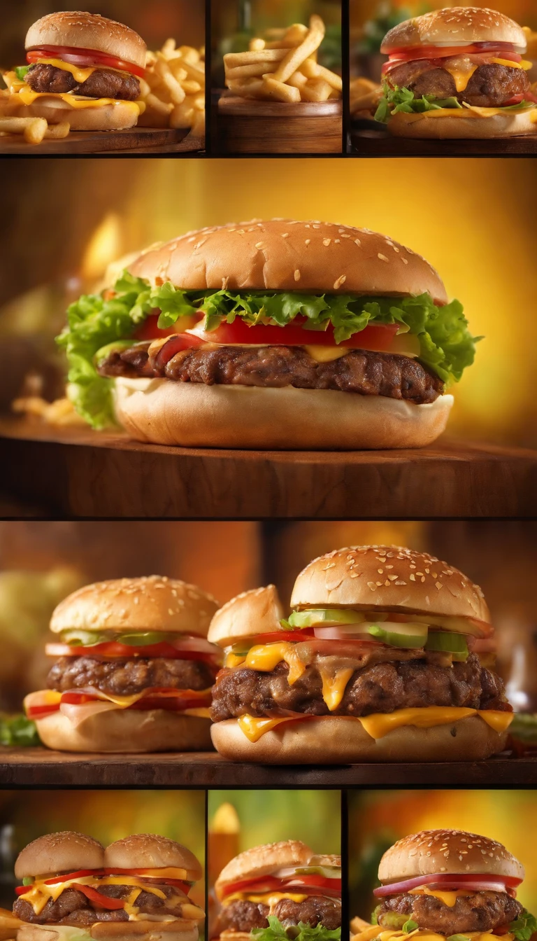 Juicy, A mouth-watering double cheeseburger with perfectly baked bread, Freshly ground beef patties are cooked to perfection, melted cheddar, Crispy lettuce, Ripe tomatoes, pickles, There is also a rich special sauce, Paired with the gold side, Crispy french fries. The burgers are professionally made,It looks absolutely delicious, Each ingredient is perfectly layered,Create a symphony of flavors. The cheeseburger is placed on a wooden cutting board, Add a rustic touch to your presentations. The lighting is soft and warm, Highlight the vibrant colors of the ingredients,Create a warm atmosphere. The image quality is top-notch, With ultra-detailed textures and sharp focus,Capture every mouth-watering detail. The color palette is rich and vibrant, Enhance the visual appeal of burgers,Make it more appetizing. The overall style is reminiscent of food photography, Pay careful attention to composition and lighting.