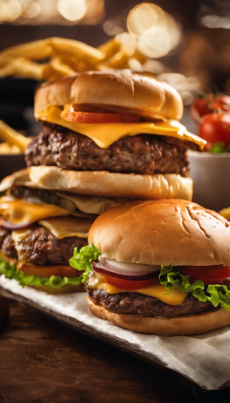 Juicy, A mouth-watering double cheeseburger with perfectly baked bread, Freshly ground beef patties are cooked to perfection, melted cheddar, Crispy lettuce, Ripe tomatoes, pickles, There is also a rich special sauce, Paired with the gold side, Crispy french fries. The burgers are professionally made,It looks absolutely delicious, Each ingredient is perfectly layered,Create a symphony of flavors. The cheeseburger is placed on a wooden cutting board, Add a rustic touch to your presentations. The lighting is soft and warm, Highlight the vibrant colors of the ingredients,Create a warm atmosphere. The image quality is top-notch, With ultra-detailed textures and sharp focus,Capture every mouth-watering detail. The color palette is rich and vibrant, Enhance the visual appeal of burgers,Make it more appetizing. The overall style is reminiscent of food photography, Pay careful attention to composition and lighting.