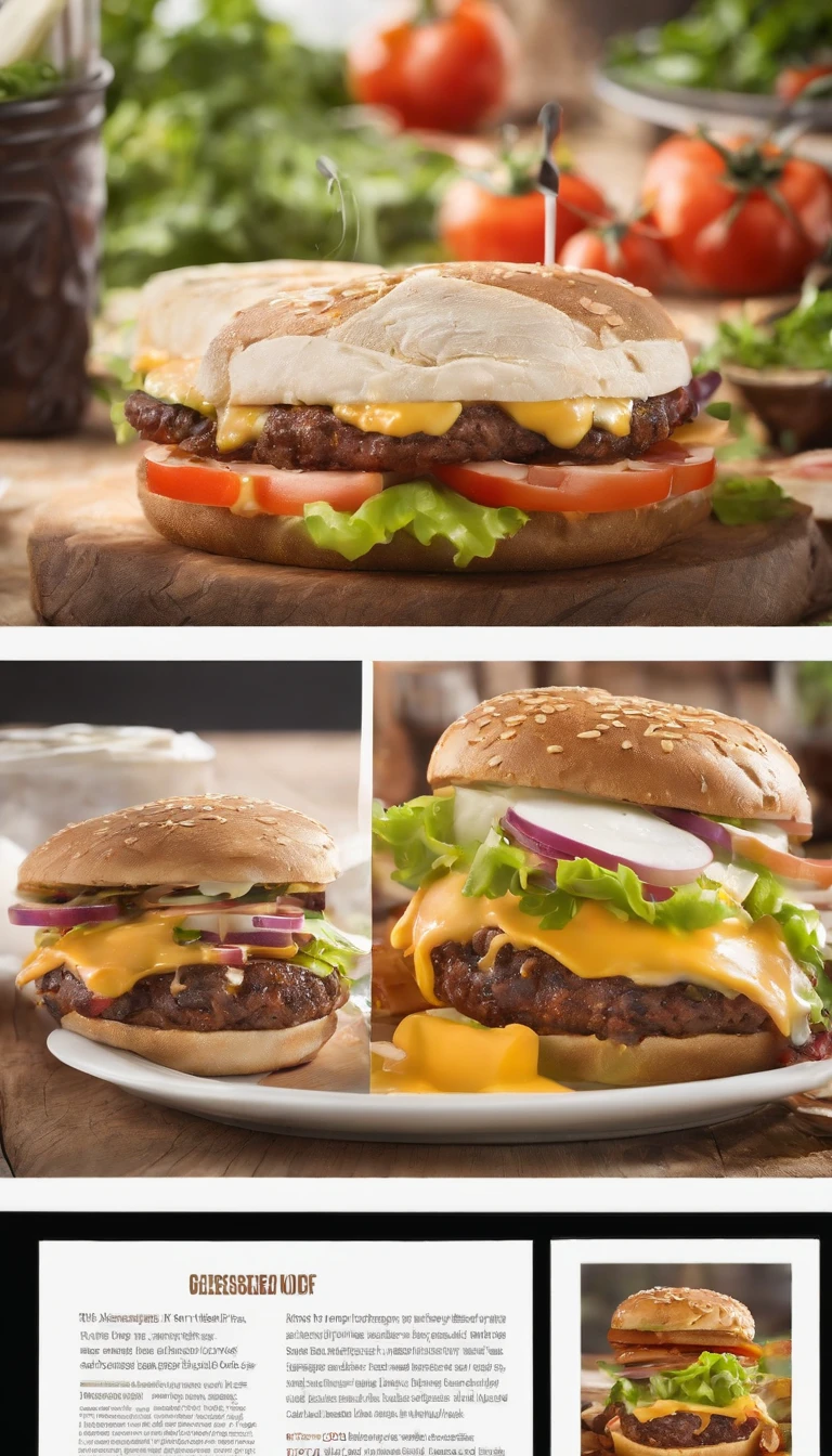 Juicy, A mouth-watering double cheeseburger with perfectly baked bread, Freshly ground beef patties are cooked to perfection, melted cheddar, Crispy lettuce, Ripe tomatoes, pickles, There is also a rich special sauce, Paired with the gold side, Crispy french fries. The burgers are professionally made,It looks absolutely delicious, Each ingredient is perfectly layered,Create a symphony of flavors. The cheeseburger is placed on a wooden cutting board, Add a rustic touch to your presentations. The lighting is soft and warm, Highlight the vibrant colors of the ingredients,Create a warm atmosphere. The image quality is top-notch, With ultra-detailed textures and sharp focus,Capture every mouth-watering detail. The color palette is rich and vibrant, Enhance the visual appeal of burgers,Make it more appetizing. The overall style is reminiscent of food photography, Pay careful attention to composition and lighting.