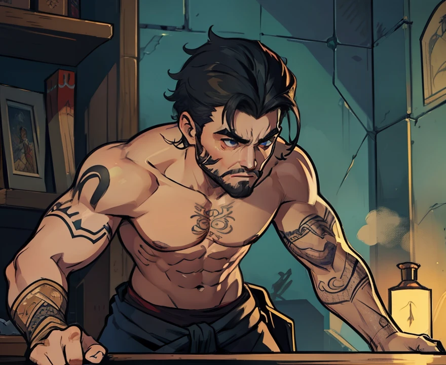 1 Homem lindo Steampuk, Tattuagens, fundo cidade anoite, uma arte para um Jogo de rpg, Non-human art for an RPG ((perfect strokes)) ((cabelo detalhado))