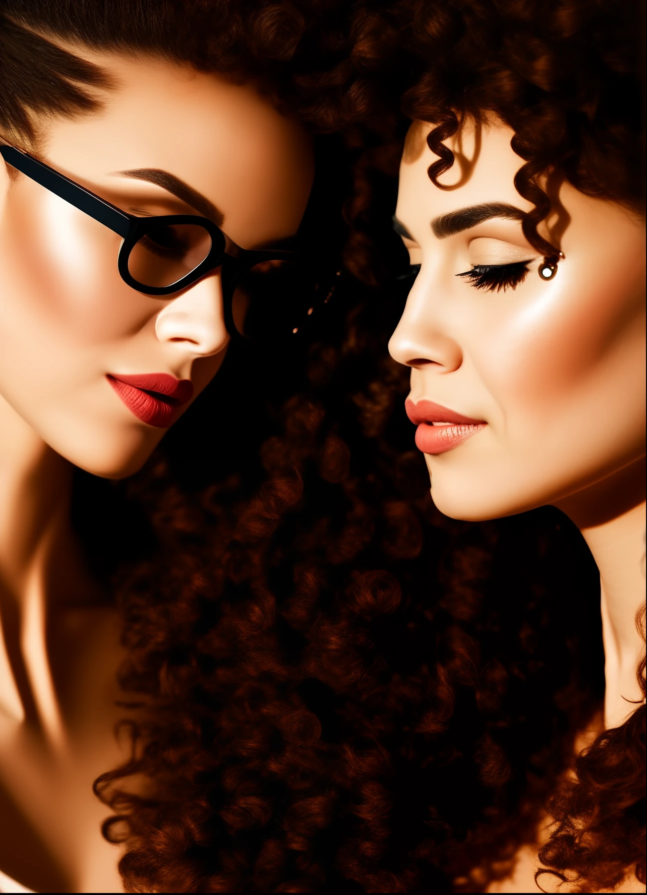Profile view of Woman with long brown hair with bangs, large eyes, hazel eyes, round face, long forehead, black eye shadow, large lips, large round glasses, wide chin