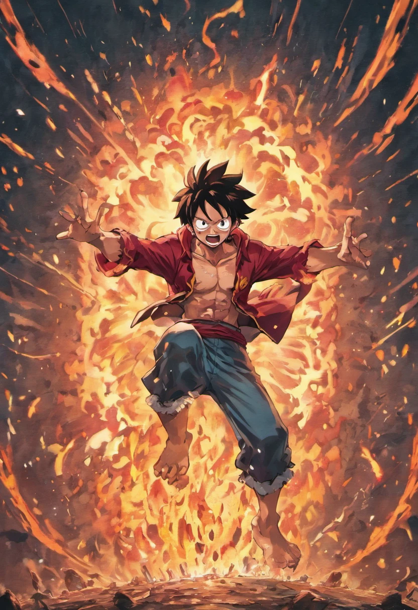 Design a gripping poster，Featuring a male Monkey D Luffy in the fifth gear "One Piece" In the heat of the moment. Capture the essence of his burning determination and indomitable spirit，For he unleashed his anger on his enemies. Keep it short, Bold, And strongly convey the raw power of Luffy's anger.