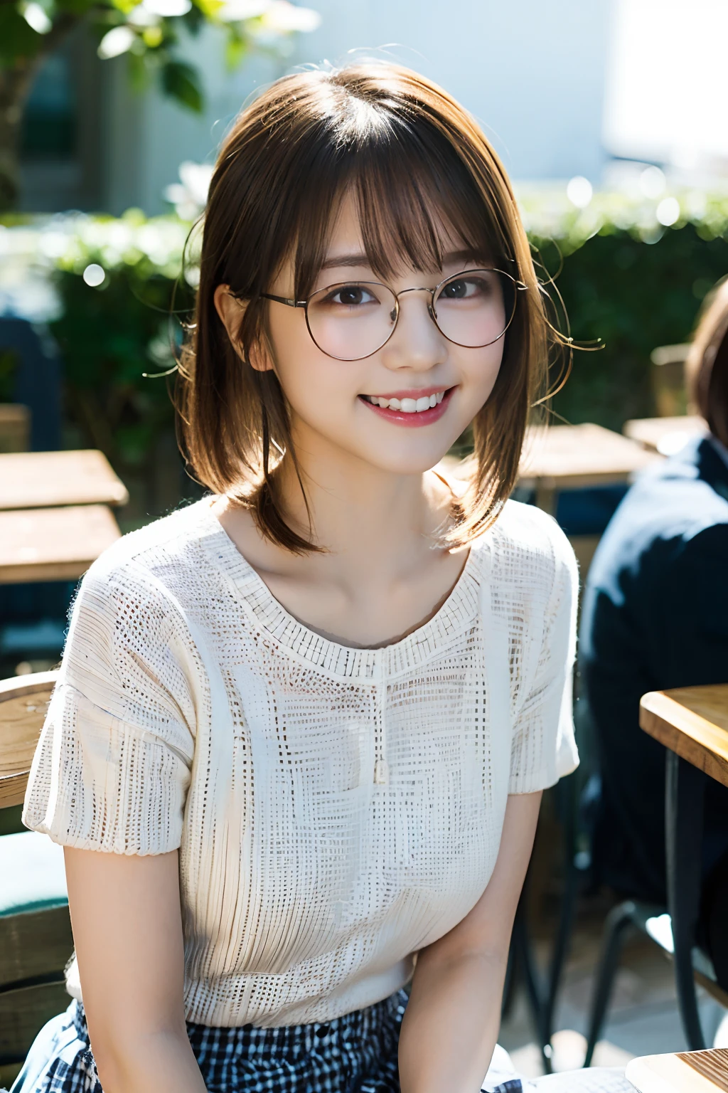 (8K、Raw photography、top-quality、​masterpiece:1.2)、(realisitic、Photorealsitic:1.37)、ultra-detailliert、超A high resolution、1人、see the beholder、beautifull detailed face、A smile、Constriction、(Slim waist) :1.3)、Beautiful detailed skin、Skin Texture、Straight hair、Professional Lighting、Whole human body、Short hair、a blond、hi-school girl、School Grounds、Small breasts、Bob Hair、Happy smile、perspiring、(White panties:1.1)、(Sitting table:1.2)、(Facing the front)、(Round glasses:1.2)、(Low ponytail:1.1)、(Knit shirt with a striped pattern:1.1)