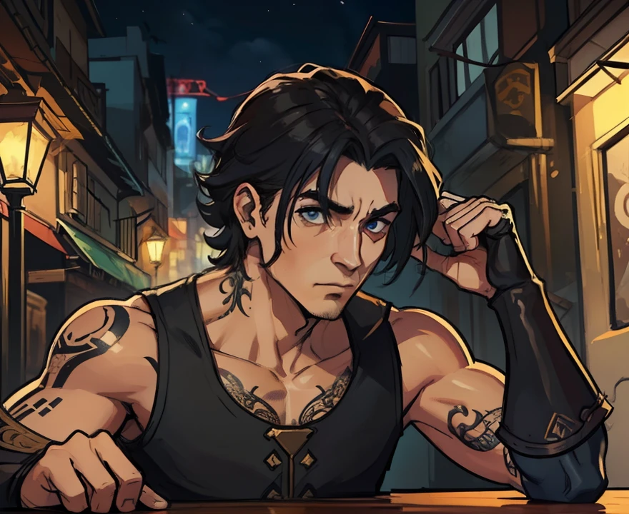 1 Homem lindo Steampuk, Tattuagens, fundo cidade anoite, uma arte para um Jogo de rpg, Non-human art for an RPG ((perfect strokes)) ((cabelo detalhado))