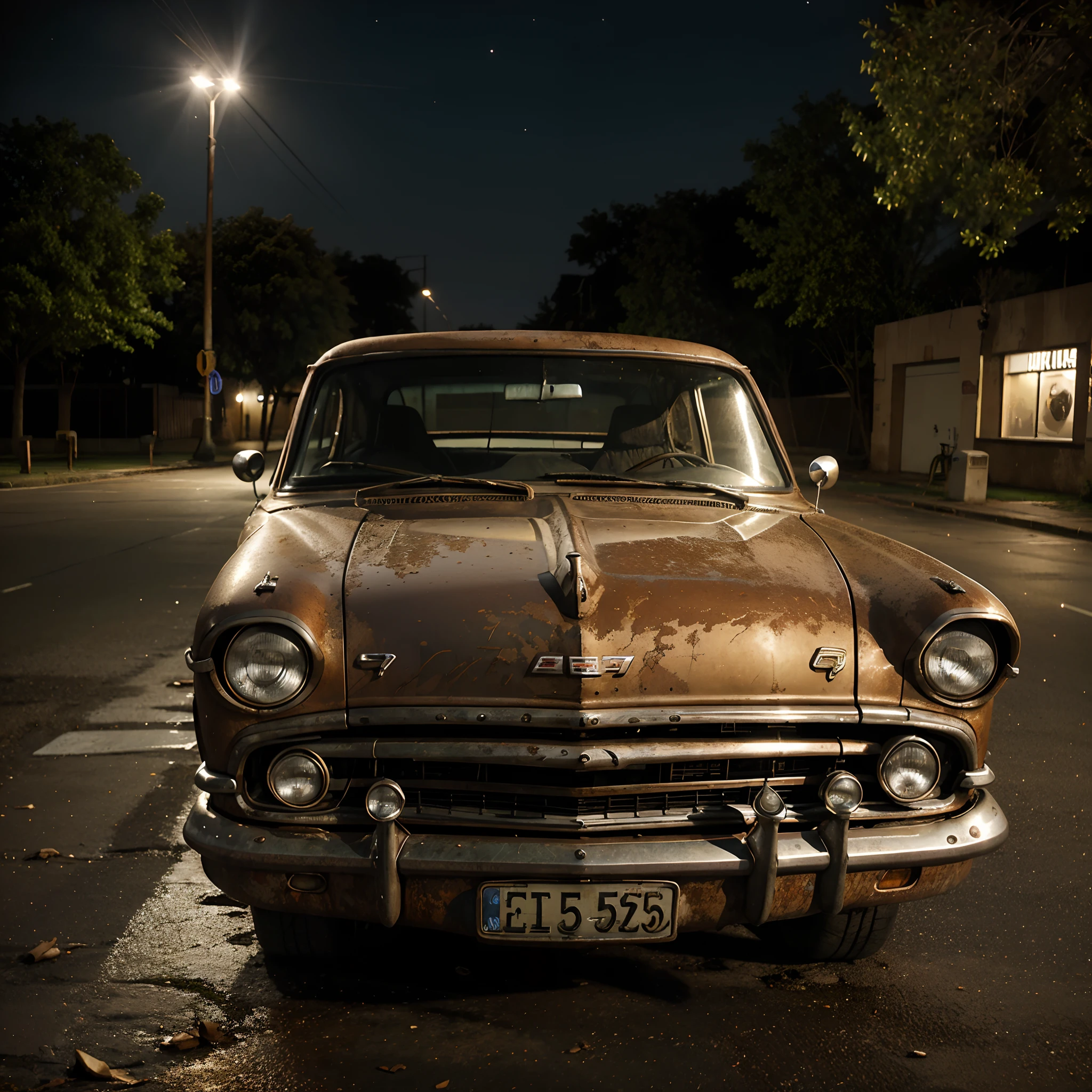 An old, rusty Chevrolet car is parked in an empty parking lot at night. O carro tem uma pintura desbotada e manchas de ferrugem. The car is a two-door model with a white roof. The car is parked on a brick pavement. The background is dark and the only light comes from a street pole. The car looks abandoned and lonely. The car can be used as a symbol of nostalgia, Decay or loneliness. The car can inspire stories about its owner, o seu destino ou o seu significado.