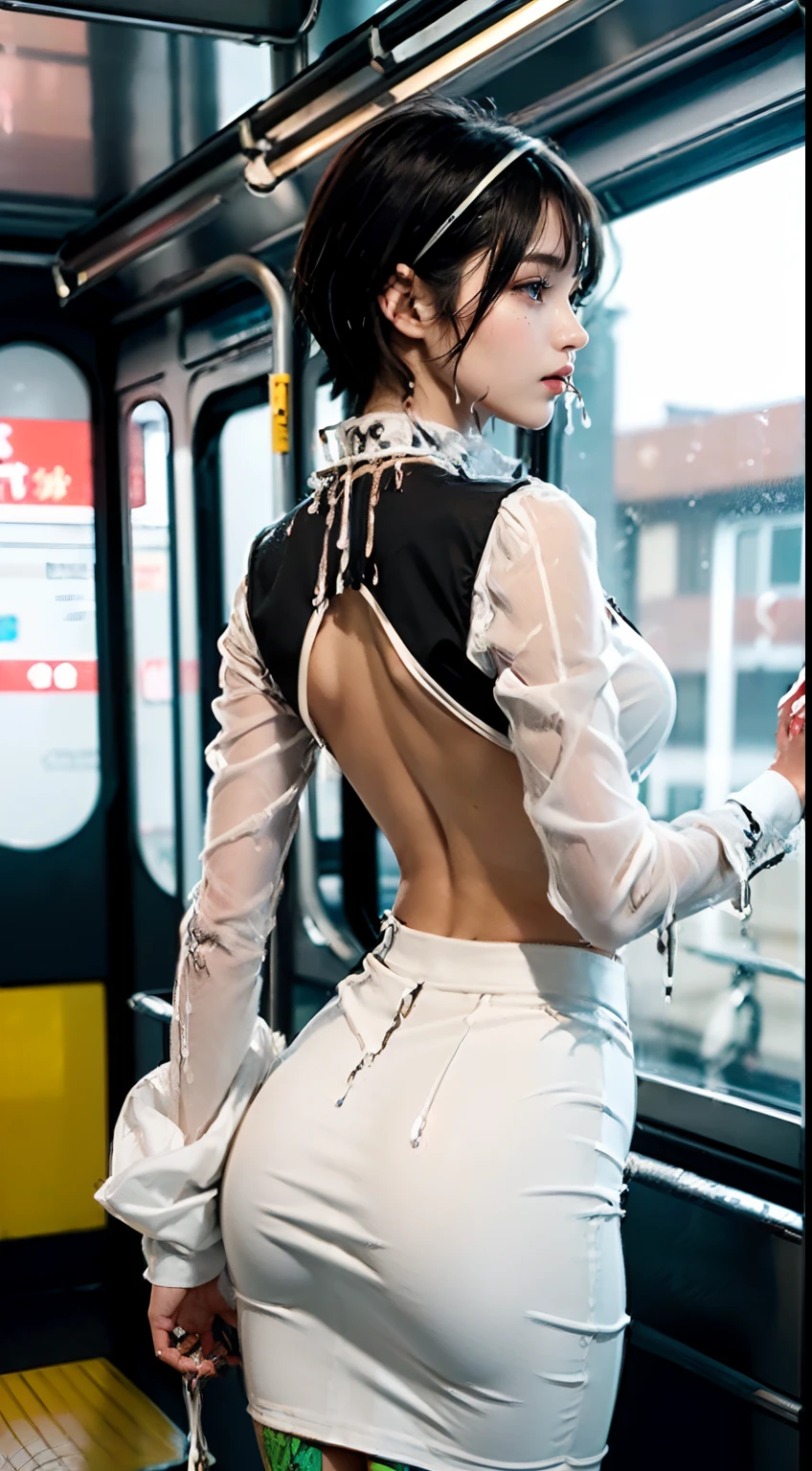 (((White the, Thick liquid drips from the skirt:2.0))), (((facing back:2.0, Point your butt at the camera:1.8, emphasis on the buttocks:1.5, Buttocks close up:1.3))), (((Clothing is worn reliably:1.8))), (((Dressing:1.8))), (((black suits:1.8))), (((Business suits:1.8, pencil skirts:1.8, Blouse with collar:1.8))), (((Train:1.8, On the train:1.8,))), girl with, 18year old, 7headed body, Ideal ratio body proportions, erectile nipple, short-hair, A dark-haired, With bangs, small tits, A slender, Small buttocks, beauty legs, Skinny Legs, surrealism, Cinematic lighting, depth of fields, One-person viewpoint, F/1.8, 135 mm, nffsw, masutepiece, ccurate, ((Anatomically correct:1.3)), Textured skin, Super Detail, high details, High quality, awardwinning, Best Quality, hight resolution, 8K