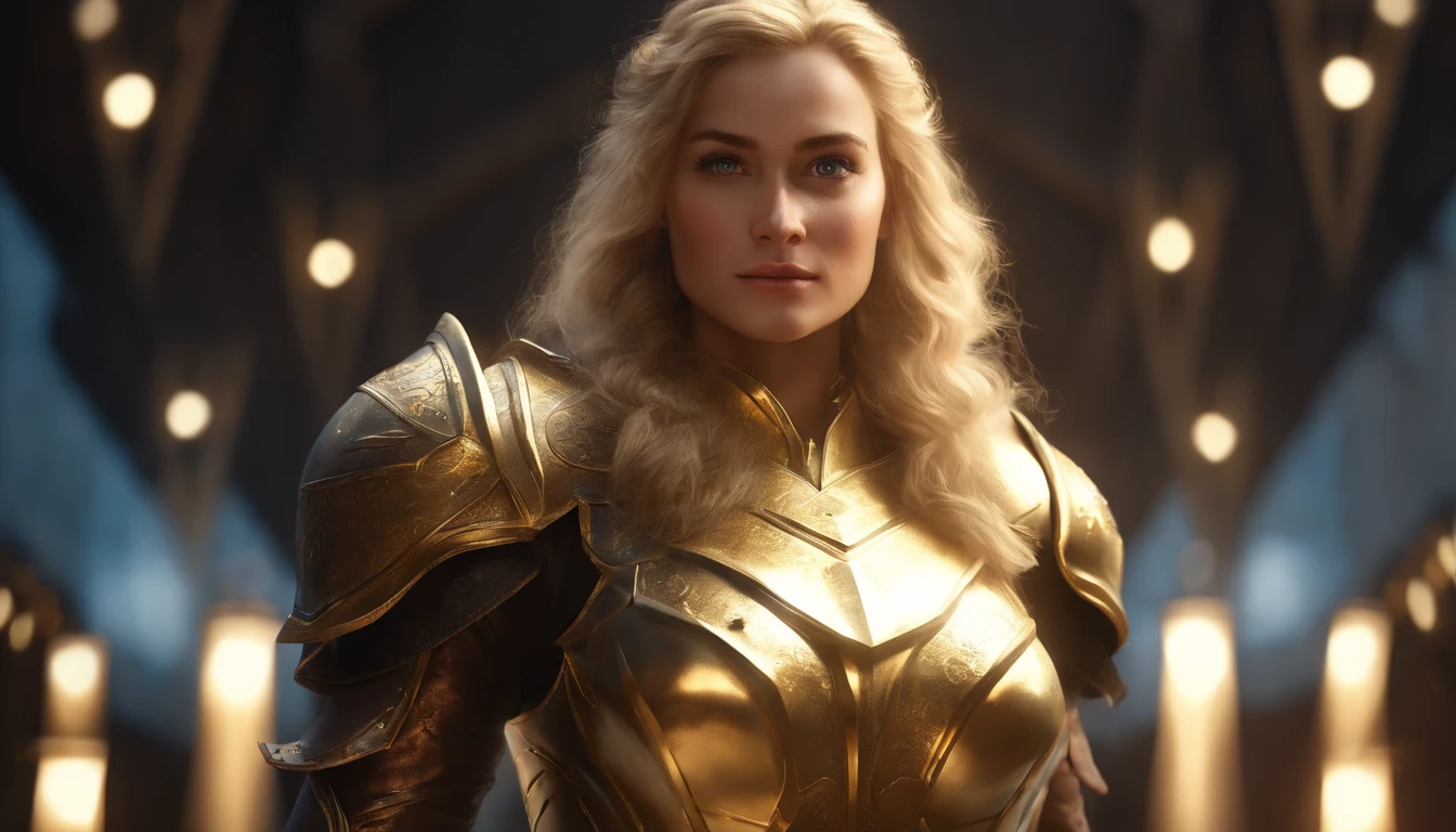 female paladin with heavy armor with golden lights, (extremely detailed CG unity 8k wallpaper:1.5),<(masterpiece:1.5), (best quality:1.7), high resolution illustration, (detail:1.3, best quality, (ultra-detailed), (an extremely delicate and beautiful), (illustration), (painting),(masterpiece:1.5),cinematic light,dynamic angle,floating,sharp focus,(2d:1.7), (best quality:1.3),(illustration:1.1),((disheveled hair:1.2),(beautiful detailed eyes:1.1),(cinematic light:1.1)